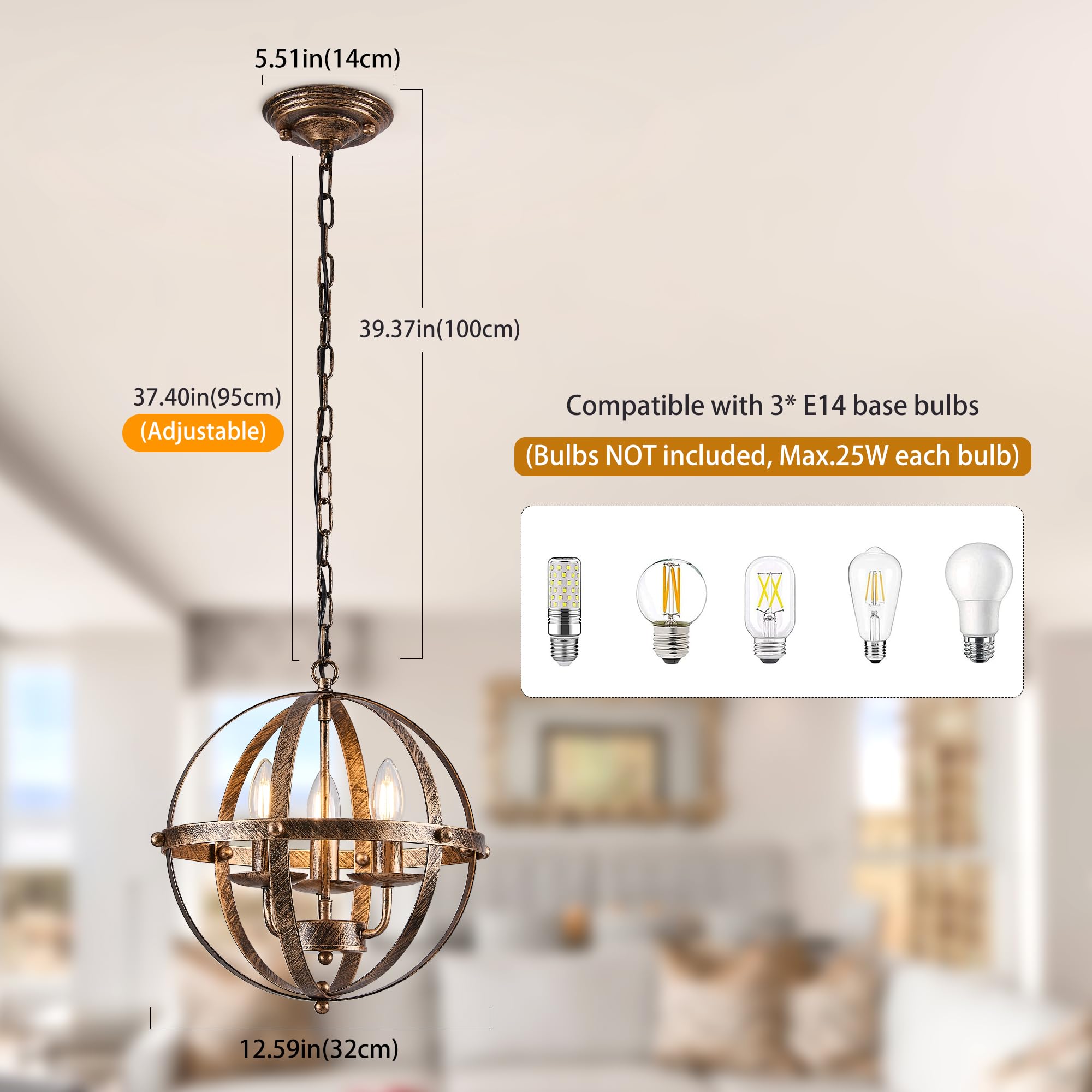 Ganeed Pendelleuchte Industrial Globe Farmhouse Beleuchtung Vintage Kronleuchter Kugelförmige hängende Deckenleuchte für Küche Insel Esstisch E14 Bronze 3 Licht