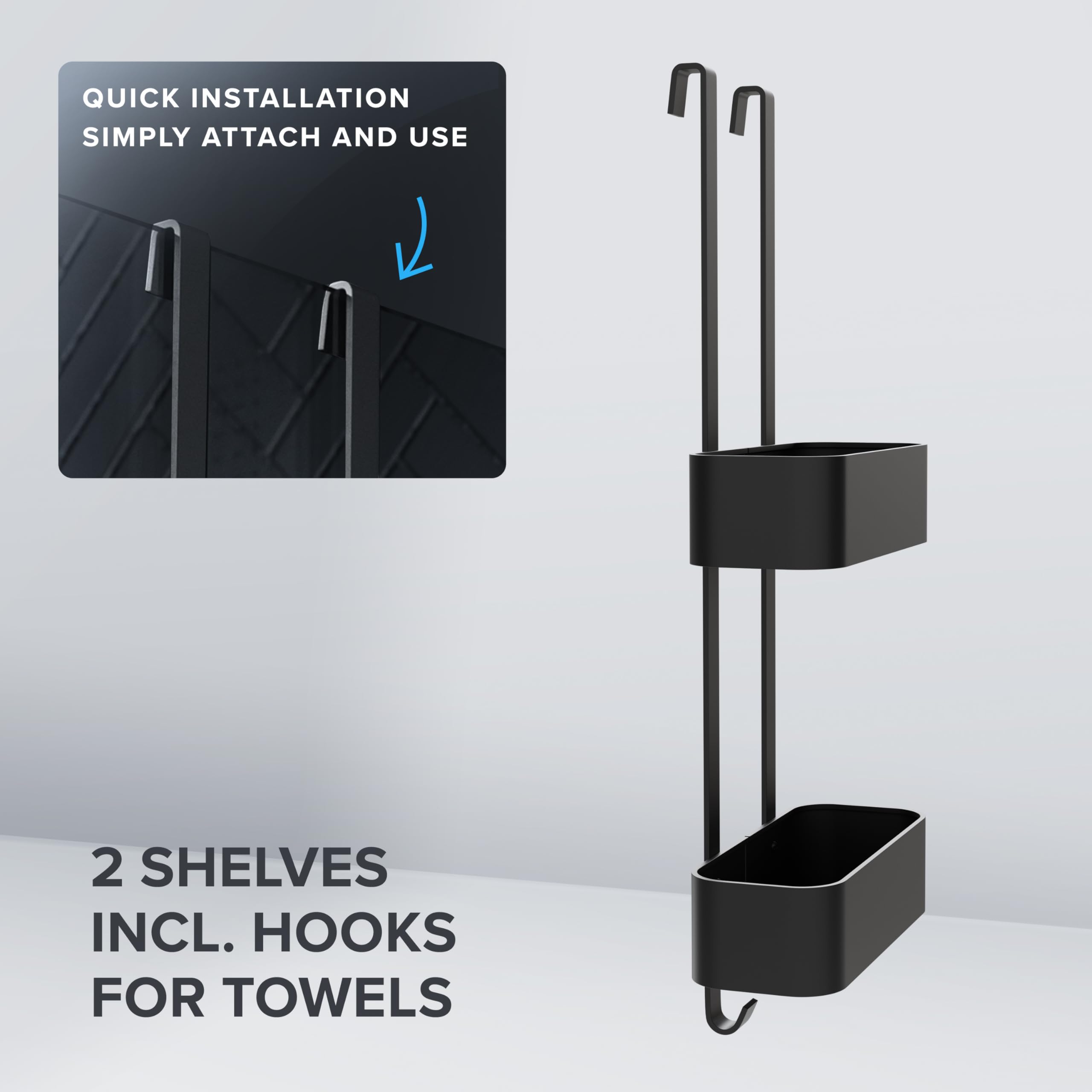 ovimar Duschablage Bleikoya in schwarz als Badezimmer Organizer ohne Bohren | 2 stöckiger Duschkorb zum Hängen als ideale Aufbewahrung fürs Bad | Badezimmer Organizer aus leichtem Aluminium
