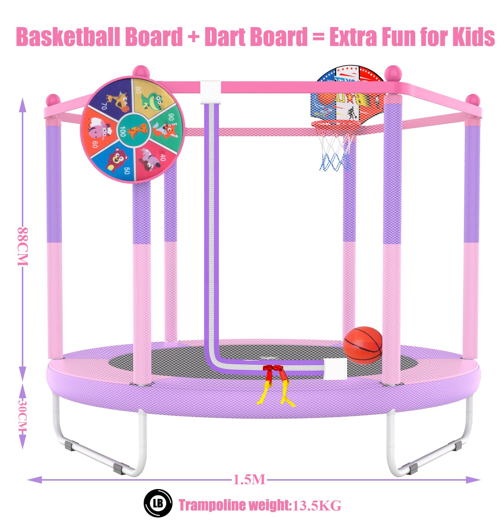 PILIN Trampoline pour Enfant avec Panier de Basket, 150 cm, lit de Saut d'intérieur et d'extérieur avec Ressorts, Filet de sécurité surélevé - Jouet d'anniversaire pour garçons et Filles - Cadeau de