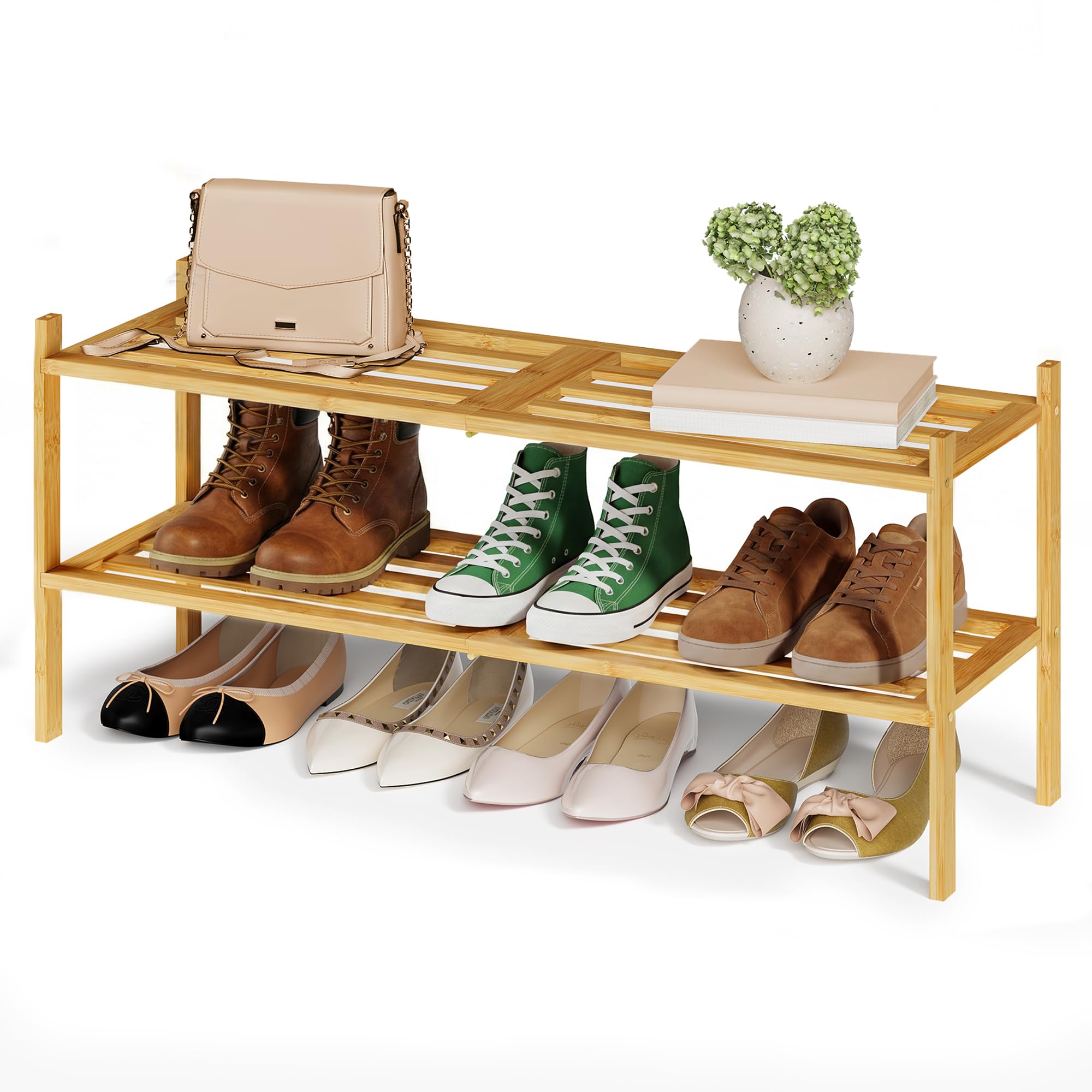 SONGMICS Zapatero de Bambú, 3 Niveles, Apilable, Estrecho, Estantería para Entrada, Salón, Dormitorio, Garaje, para 12-16 Pares de Zapatos, 25 x 70 x 51,5 cm, Natural LBS053YL01 — view 9
