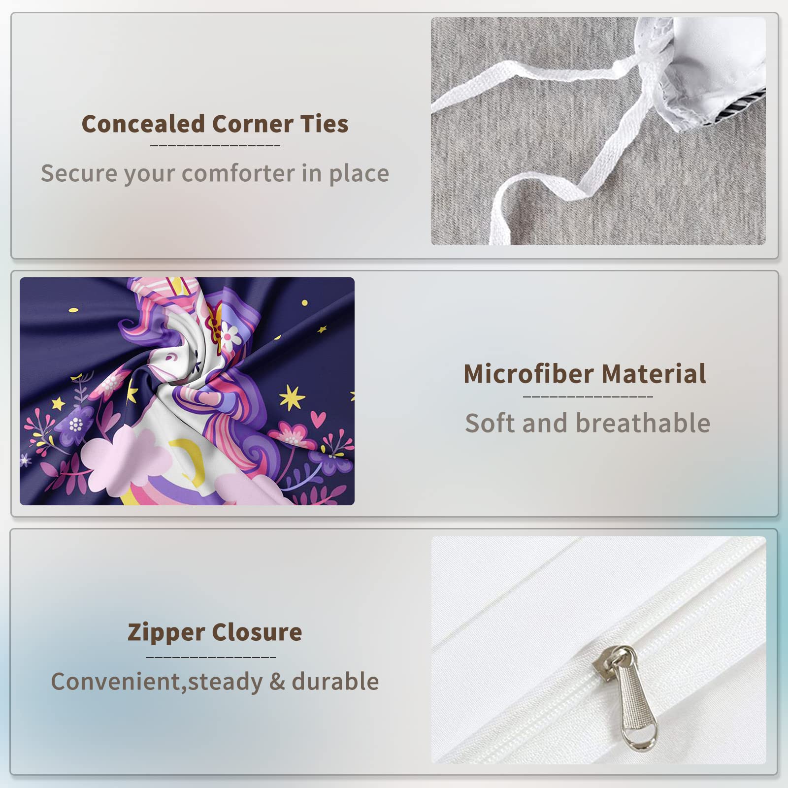 AVJWWD Set di biancheria da letto per bambini, in microfibra, con motivo a unicorno, con stampa 3D, 3 pezzi, con chiusura a strappo, morbido per ragazze (H, 135x200cm)