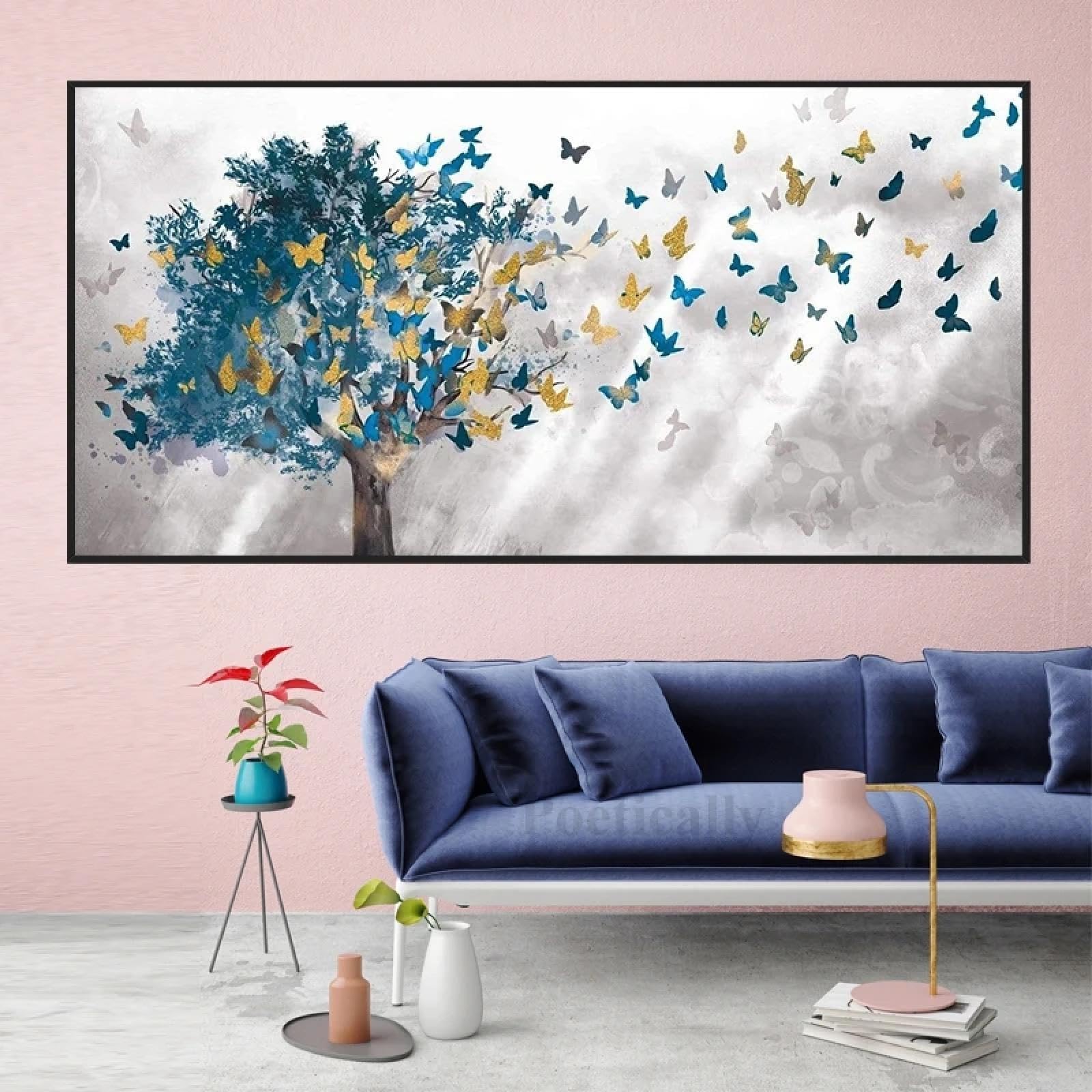 KQZVCU Pintura abstracta en lienzo de hojas de árbol de mariposa, carteles e impresiones artísticos de pared, imágenes para la decoración del hogar de la sala de estar, 40x80cm con marco