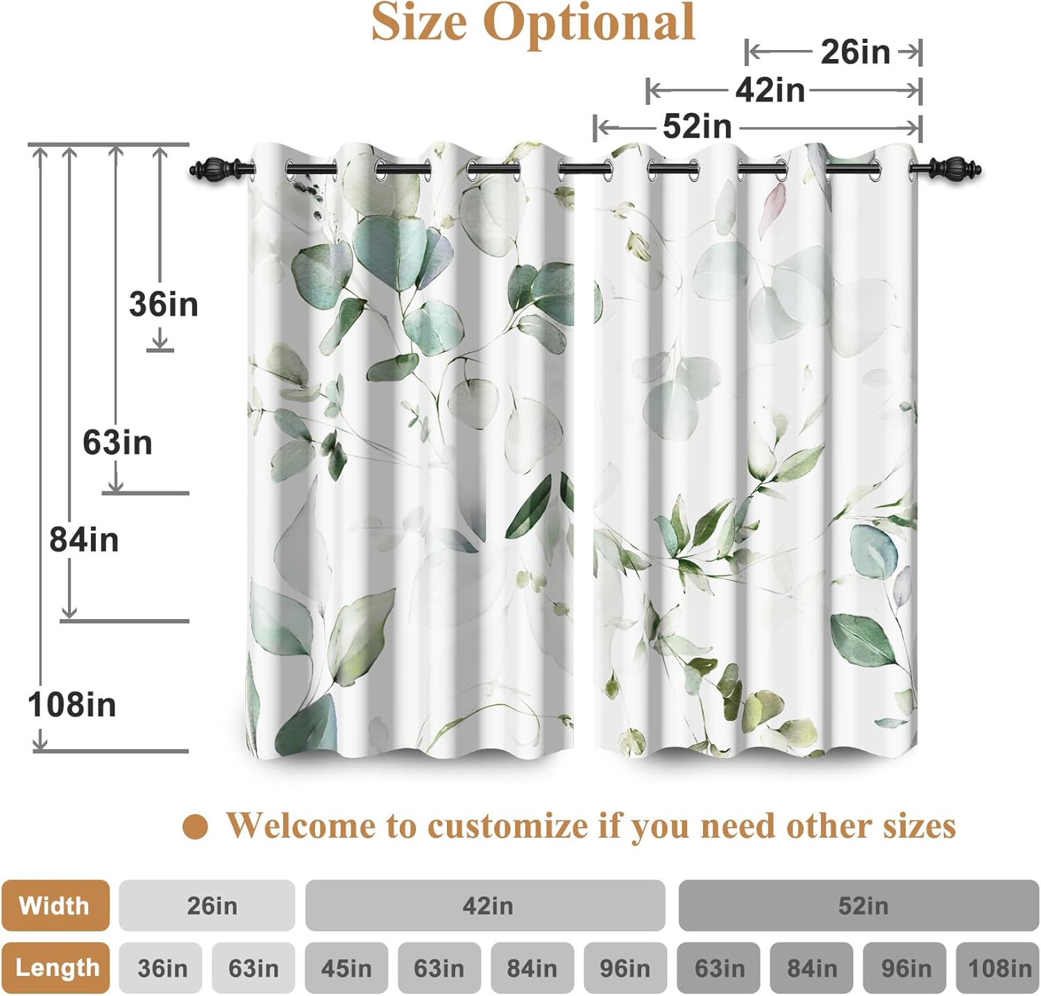 Renaiss 52 x 108 Inch Sage Green Eucalyptus Blackout Curtains Drapes for Bedroom Living Room Spring Summer Leaf Decorative Curtain Grommet Window Treatment Decor Minimalist Aesthetic Curtains 2 Panels