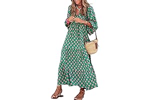 Womens Loose Fit Casual Summer V Neck Half Sleeve Bohemian Geometric Pattern Maxi Long Dresses