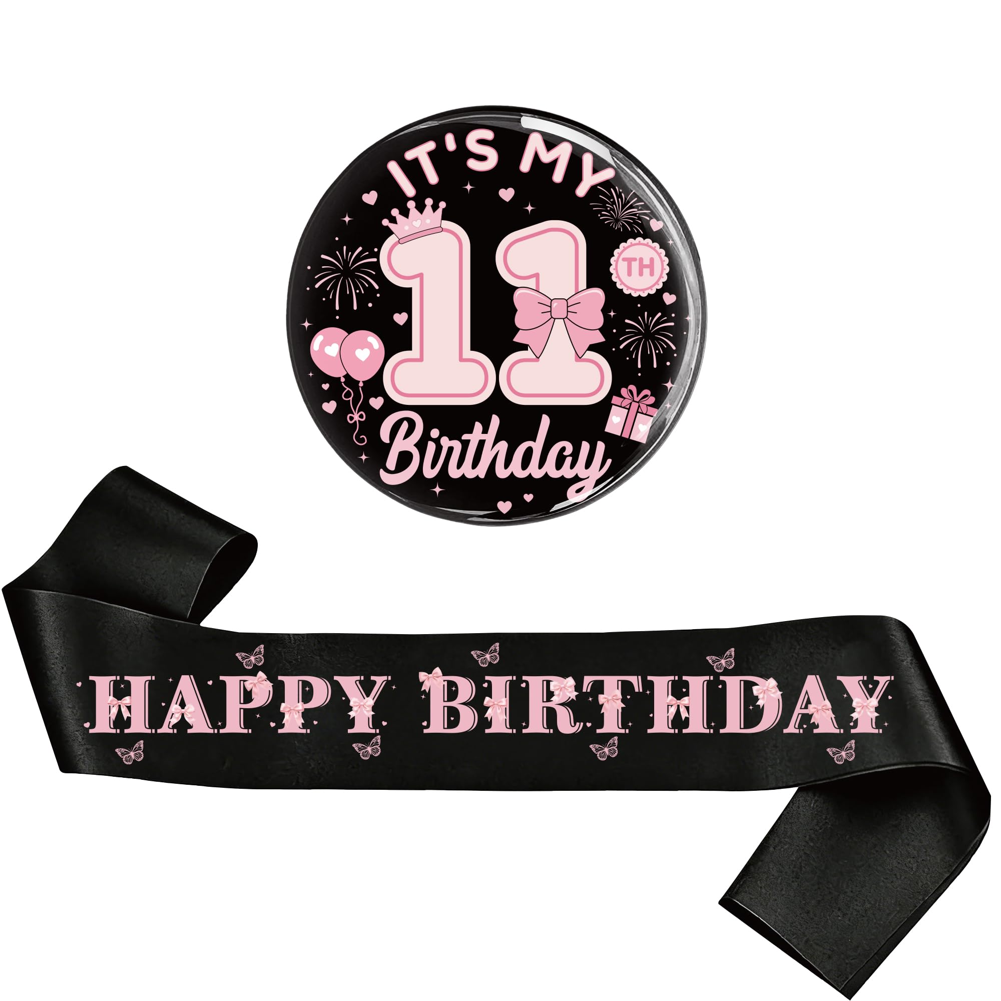 11th Birthday Decorations Badge Sash - Black Pink It's My Happy Birthday Butterfly Sash It's My 11th Bday Badge Pin for Girls Friend Daughter Granddaughter 11 Year Old Happy Bday Party Supplies