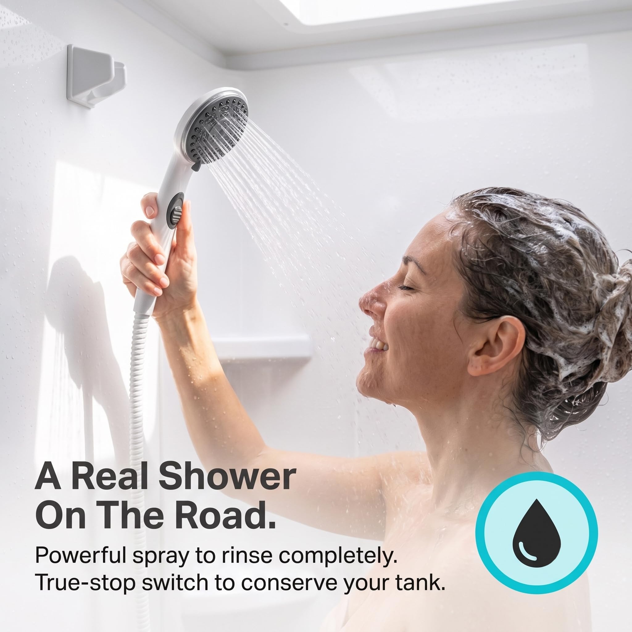 Kit de ducha de mano y manguera Dura Faucet Premium para autocaravanas - Interruptor de encendido/apagado ecológico (blanco)