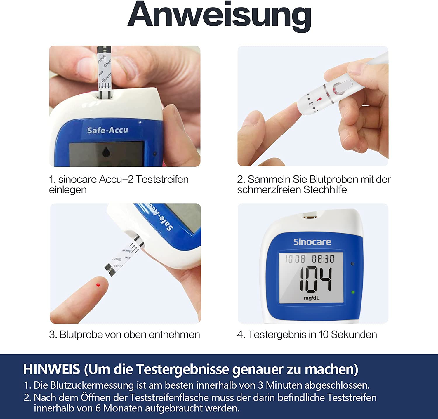 Sinocare Safe-Accu2 Blutzuckermessgerät mit 100 Teststreifen und 100 Lanzetten: Klinisch validiert, schmerzfrei, mit Alarmfunktion und mg/dL-Messung (Safe-Accu2 Messgerät Set 100)