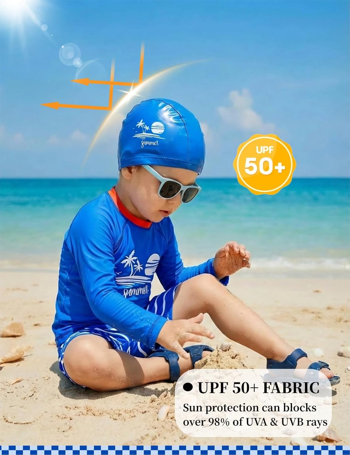 weVSwe Boys Swim Set UPF50+ UV Protection 3 Piece Kid Long Sleeve Rash Guard Swim Shirt & Trunks with Swimming Cap 2-12 Years - Image 6