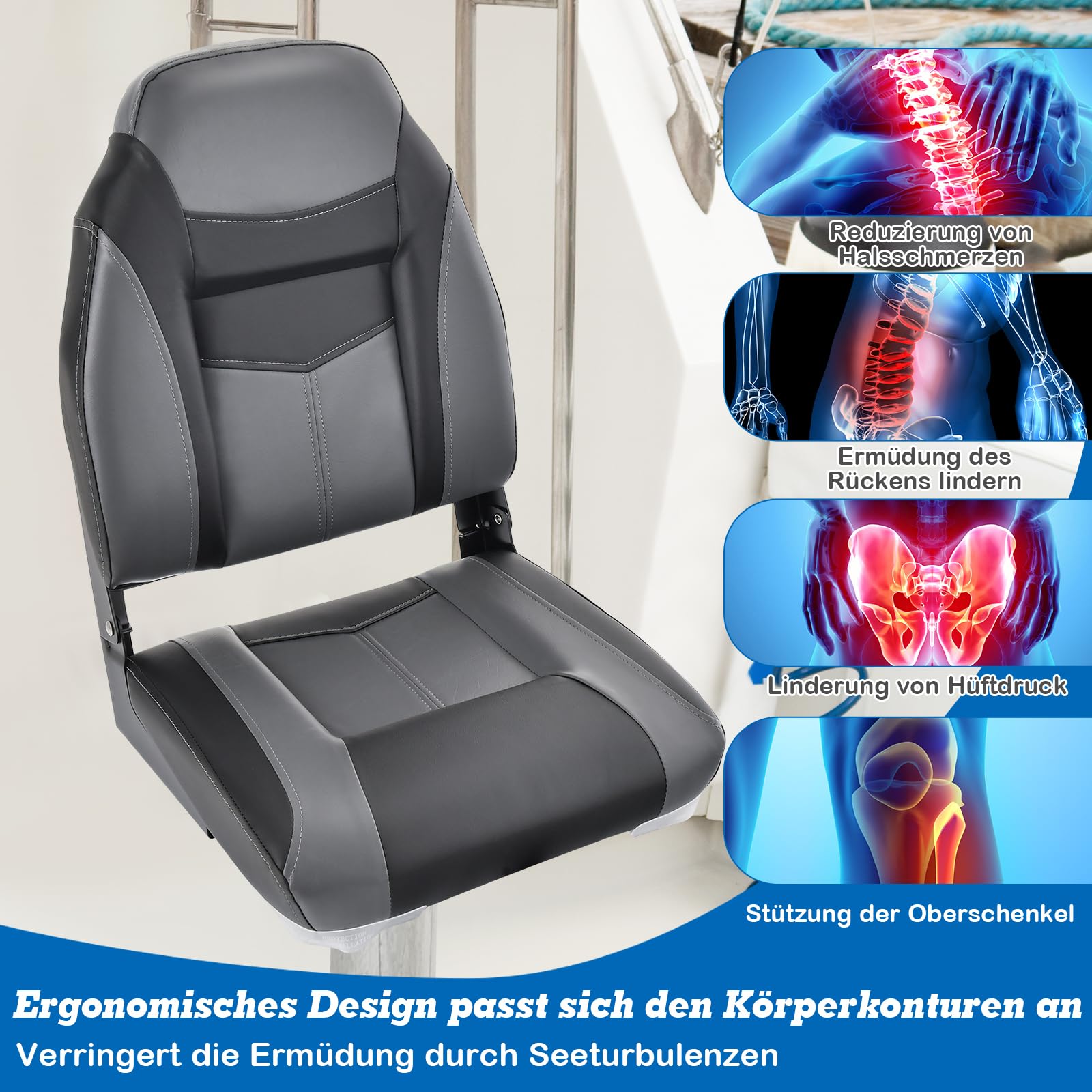 COSTWAY Hochlehner Bootssitz, klappbarer Bootsstuhl mit 10 cm dicker Schwammpolsterung, gepolsterter Steuerstuhl für Boote (Schwarz, Einzeln)