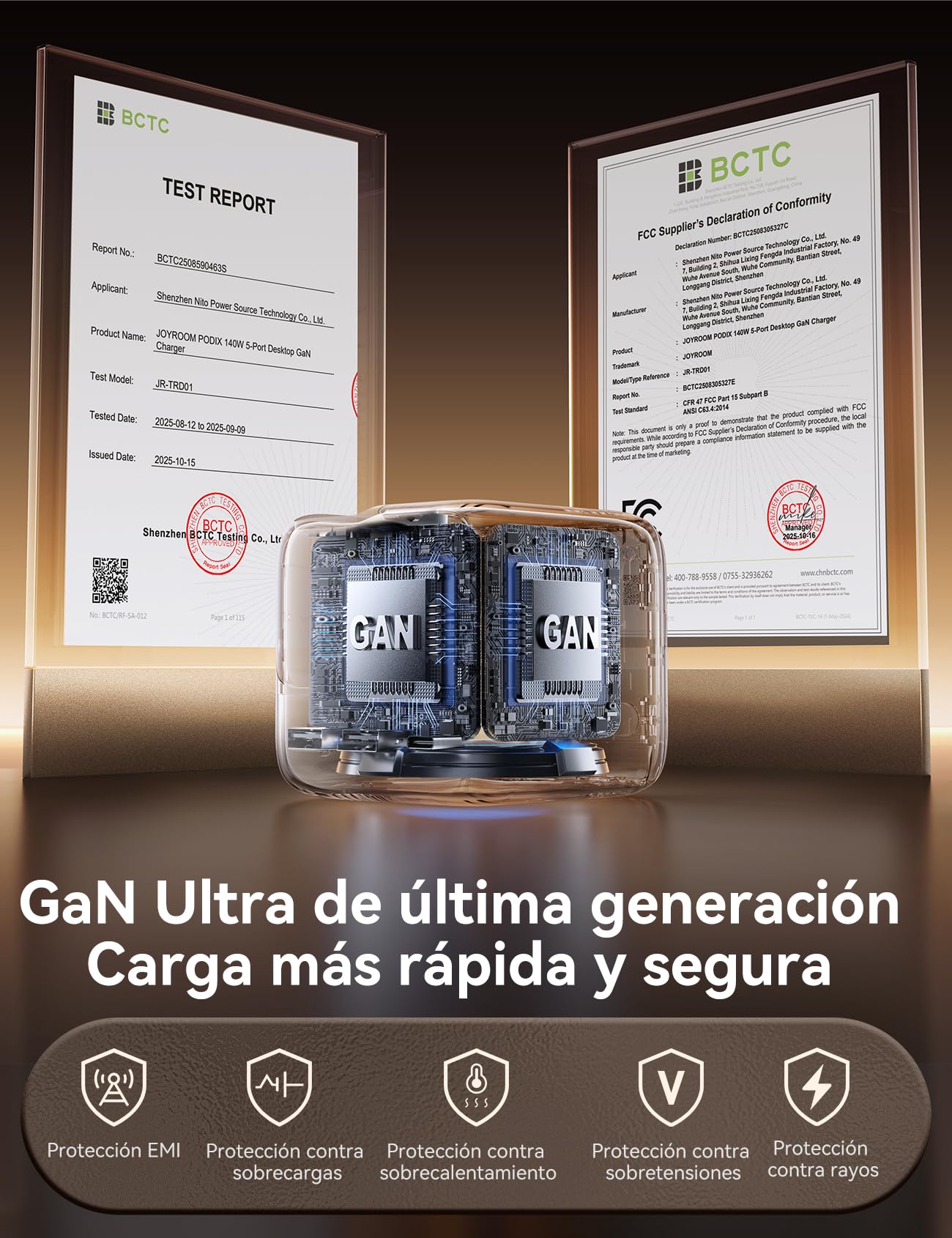 JOYROOM PODIX 5‑en‑1 Estación de Carga 140W GAN Ultra, Cargador con 2 Cables Retráctiles 100W (80 cm), Pantalla LCD Inteligente 1,54", Compatible con MacBook, iPhone, Samsung, Oficina y Hogar