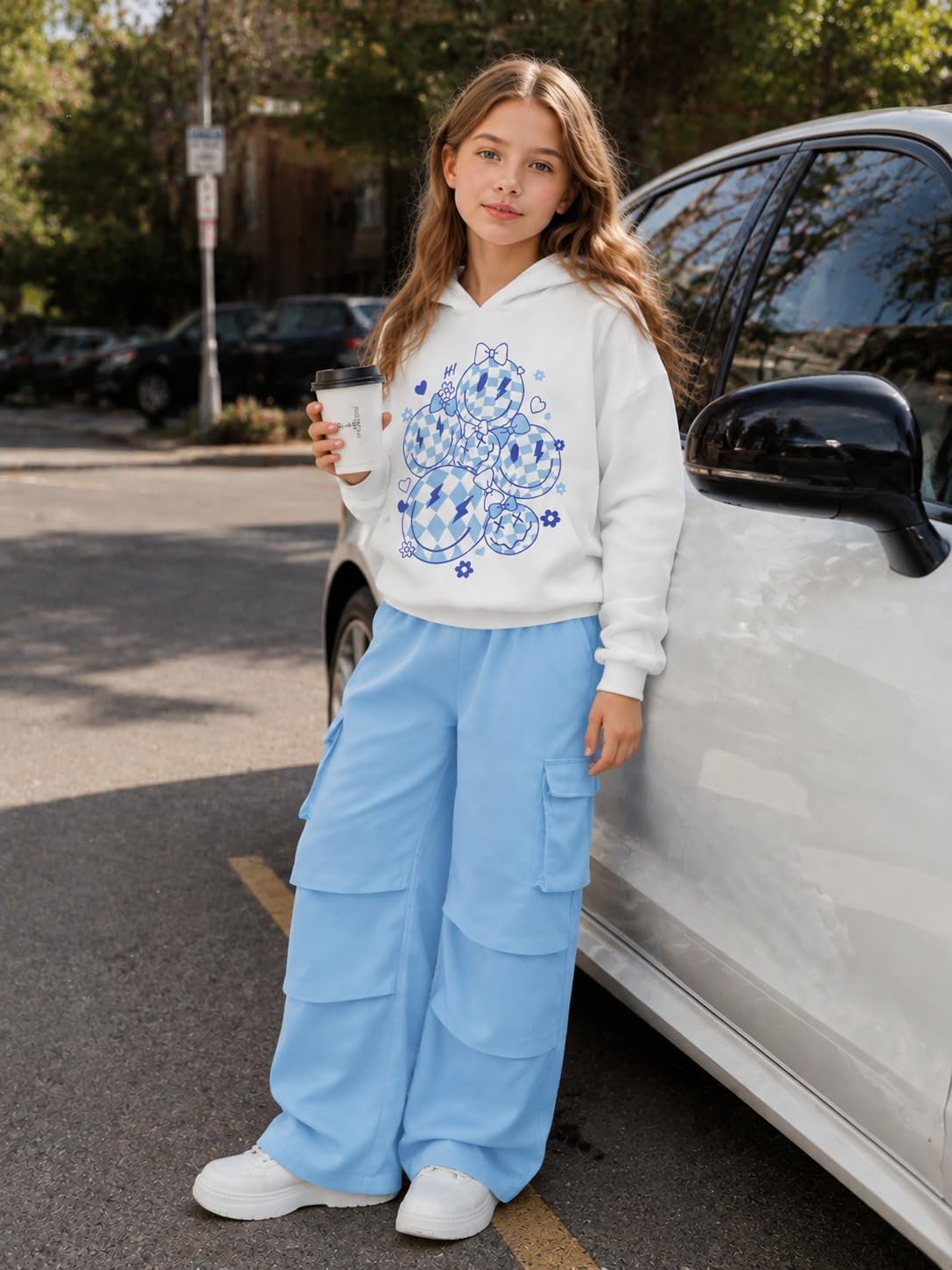 Yoxindax Girls 2 Piece Outfits 7-16 Years, Smiley Face Hoodie & Cargo Pants Set,Teen Girls Clothes Fashion Daily Wear