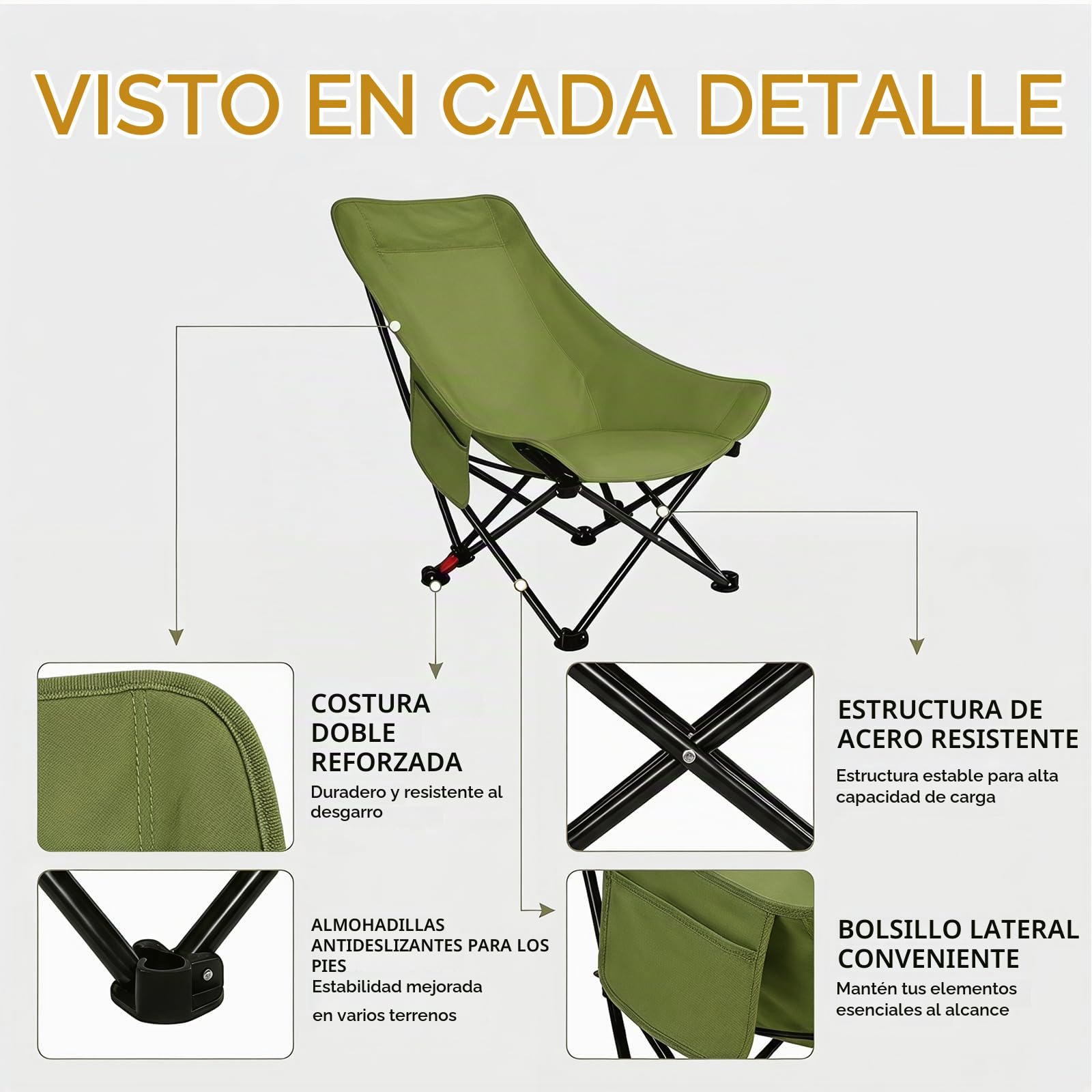 Silla de camping plegable con respaldo alto, 120 kg, ultraligera, portátil, silla plegable de camping, silla de pesca plegable con 2 bolsillos laterales, respaldo alto, silla plegable para exteriores