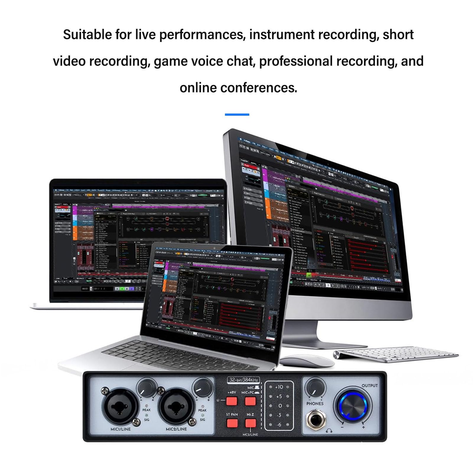 Mixer Digitale 2 In 2 Out, Console di Mixaggio Audio Professionale con 48V Phantom Power, Interfaccia Audio USB, Costruzione in Metallo per Registrazione Strumenti, Live P