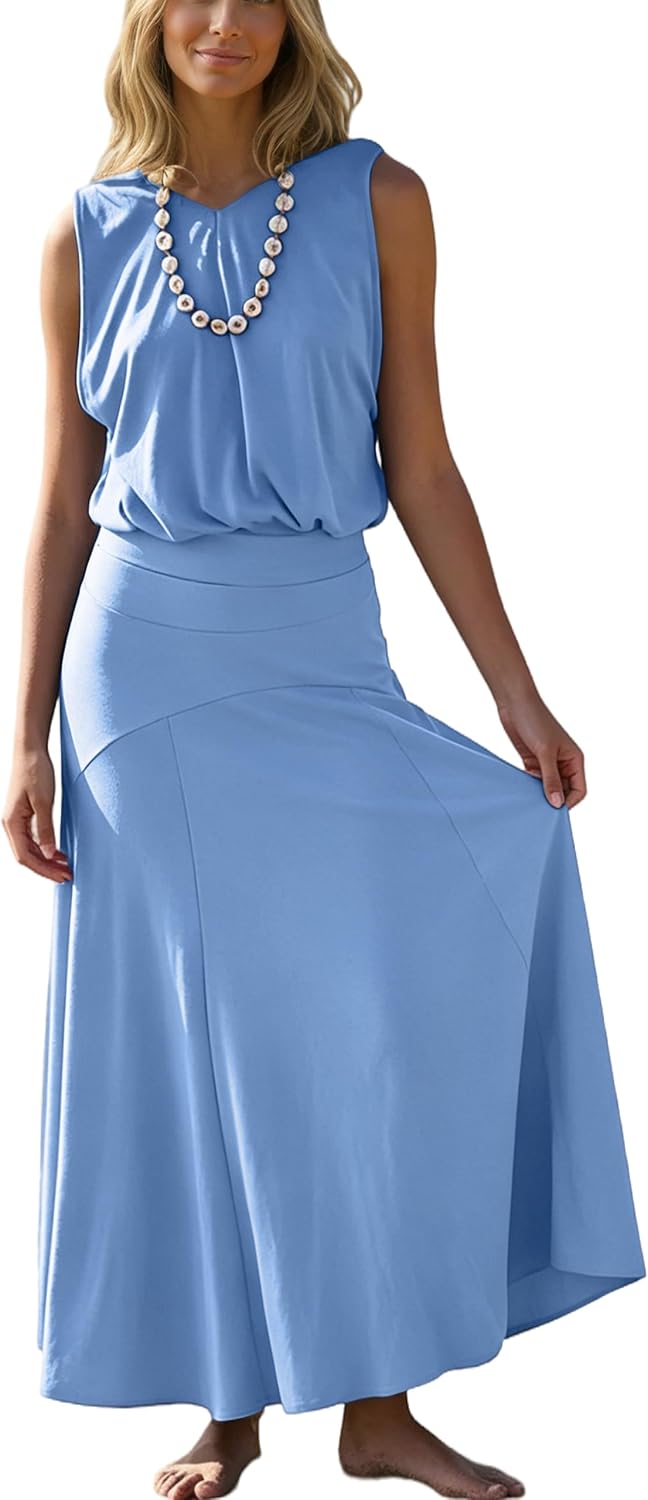 Summer Skirt Sets for Women Causal Matching Outfits V Neck Tank Top Elastic Low Waistband Loose A line Long Skirt