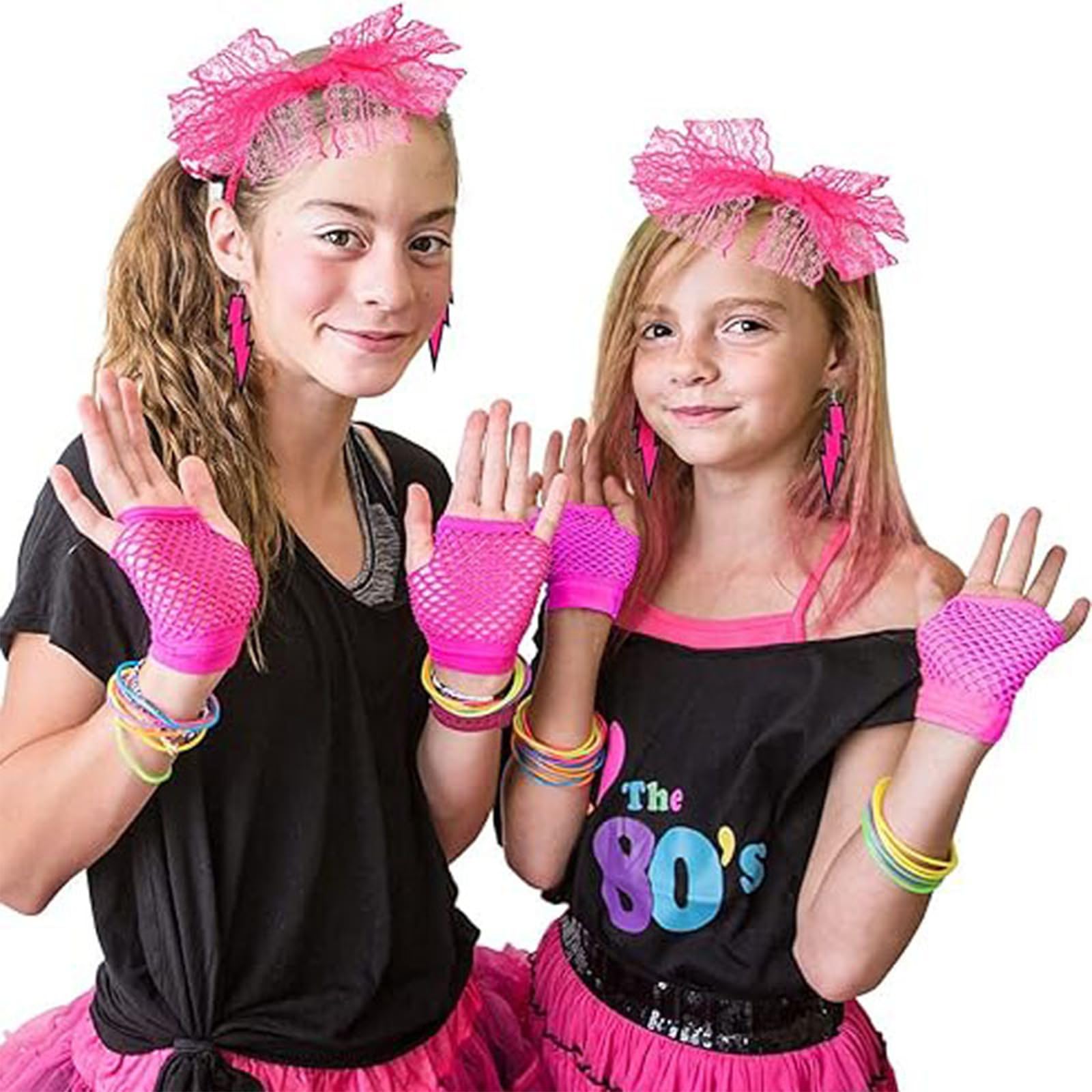 Accesorios Disfraz Años 80 Mujer, Guantes Rejilla Riñonera Gafas Corazón Retro Fiestas Neón Carnaval Halloween Rosa