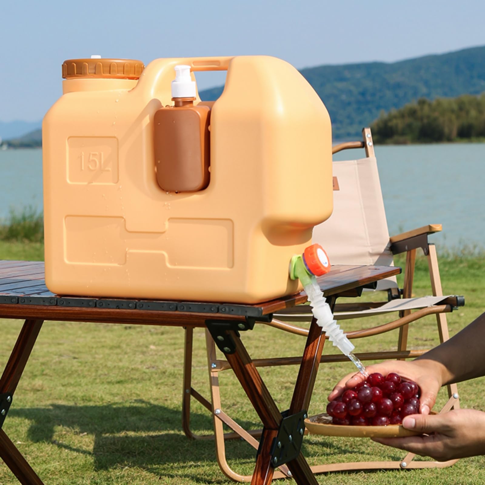15L Camping Wasserkanister mit Zapfhahn, Tragbarer Wasserbehälter mit Seifenspender, BPA-frei, Auslaufsicherer Wassertank für Camping, Auto, Wandern, Picknick, Notfälle