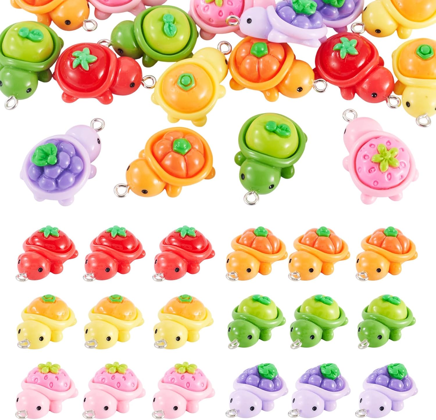 Cheriswelry 24Pcs Resin Turtle Charm Pendants Cute Fruit Tortoise Lovely Hang Ornament Sea Animal Charms 28x17mm for DIY Craft Necklace Bracelet Keychain Jewelry Making Summer Decor