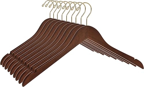 Perchas de madera semicurvadas de calidad, paquete de 10 perchas de madera maciza con acabado liso con gancho giratorio, chaqueta, pantalón, perchas