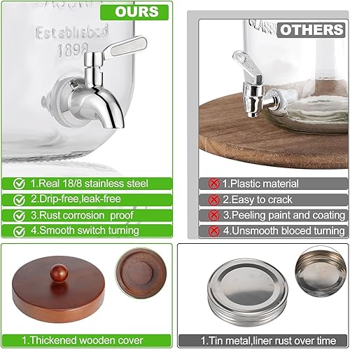 Miniatura 3 de Dispensador de bebidas de vidrio con soporte de madera, dispensador de bebidas de 1 galón para fiestas con espiga de acero inoxidable 188 a prueba
