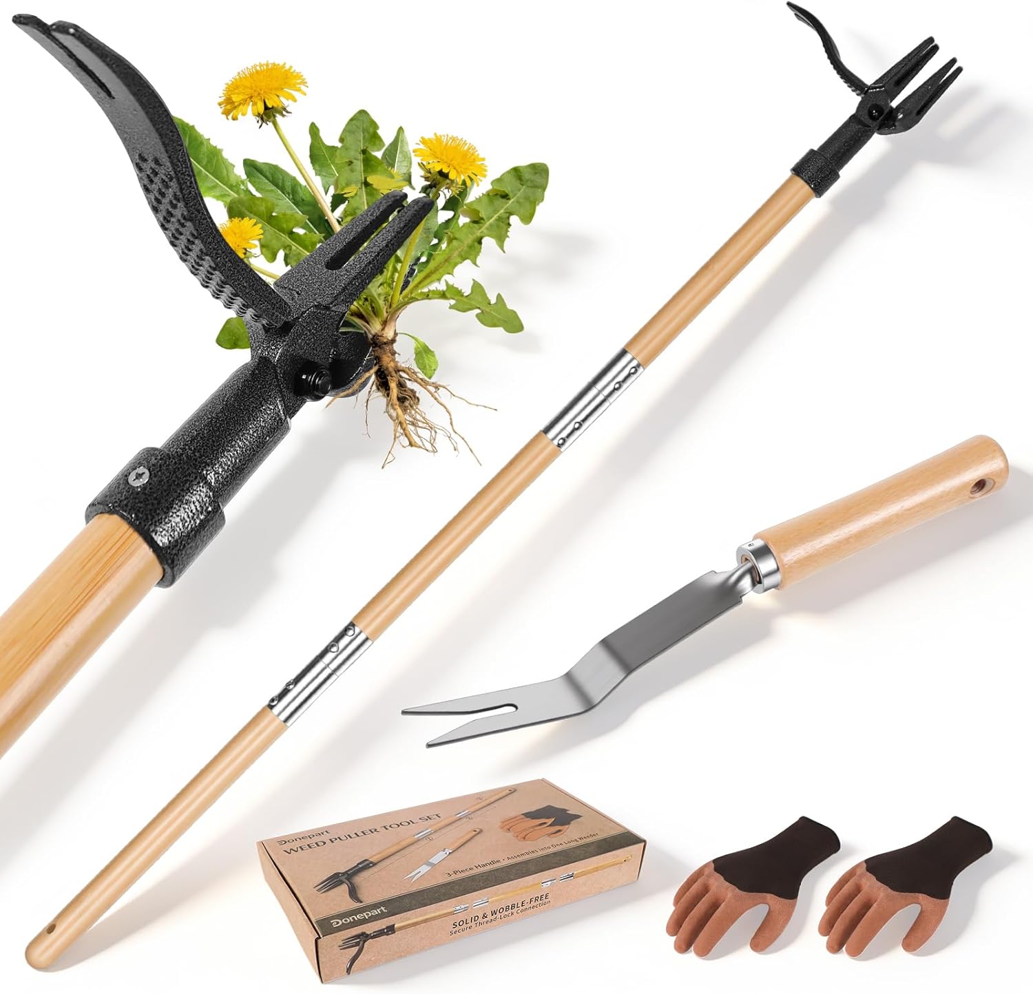 Donepart Stand Up Weed Puller Tool, Long Handle Weeder & Hand Weeder Fork Set - 46" No-Bend Deep Root Remover for Lawn, Garden & Yard, Seniors & Bad Back Friendly, Fits 5'2"-6'2", Bamboo Handle