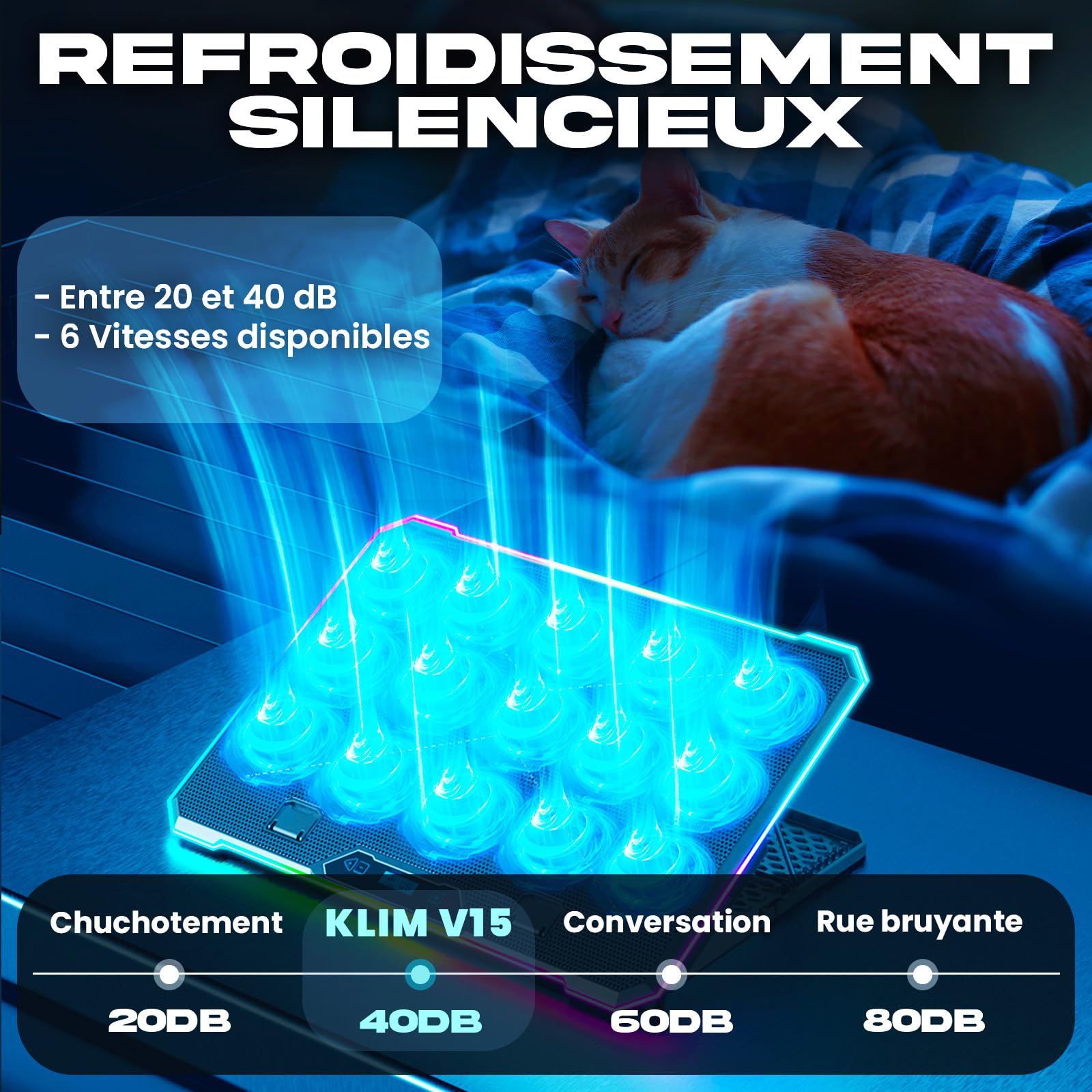 KLIM V15 Refroidisseur PC Portable + 15 Ventilateurs RGB + Ventilateur PC Portable + Support Pc Portable Gaming 10-17 Pouces + 2 Ports USB + Porte-Smartphone + Protection 5 Ans