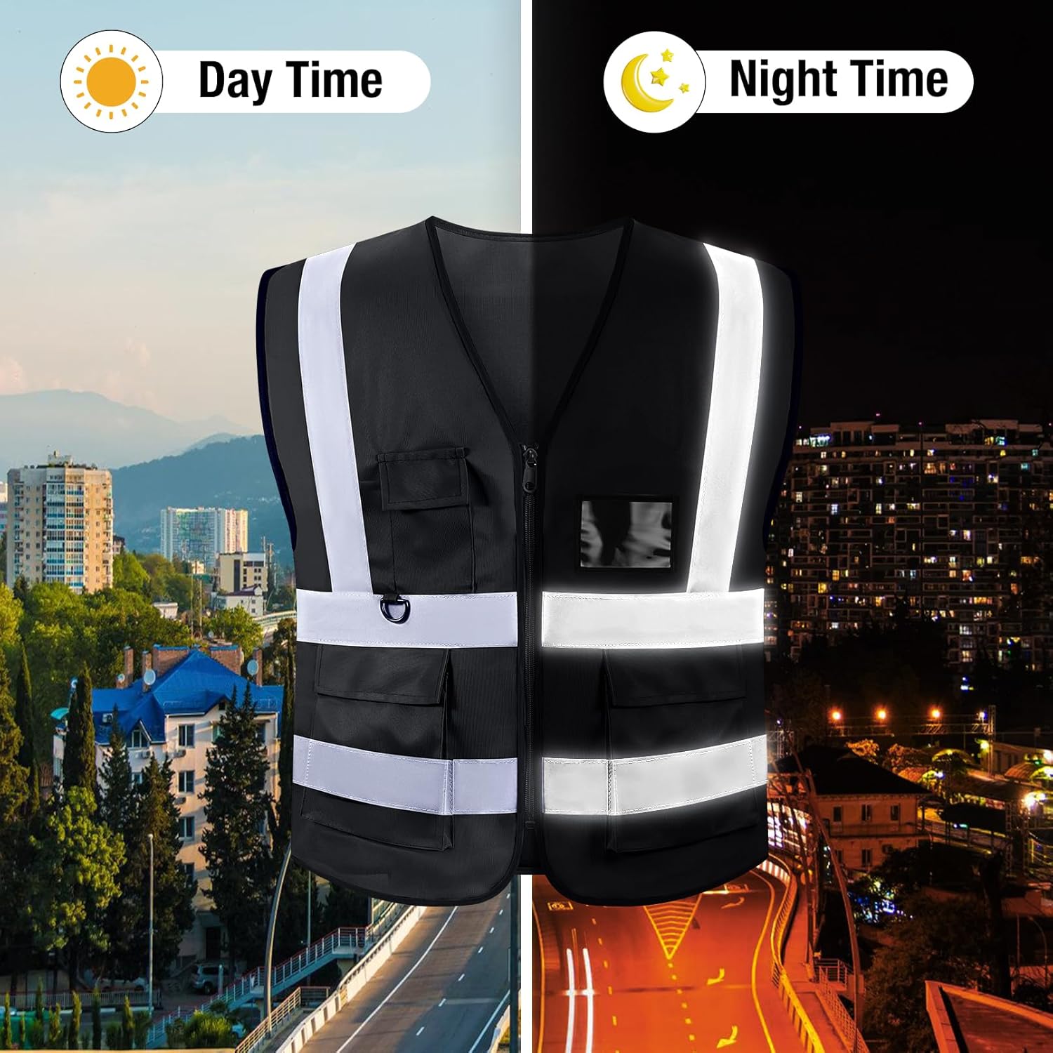 Jeffbaubl 10 Pcs Reflective Vest, High Visibility Construction Vest, Reflective Vests with Pockets and Zipper, Work Vests for Men Women(Black) - Image 3