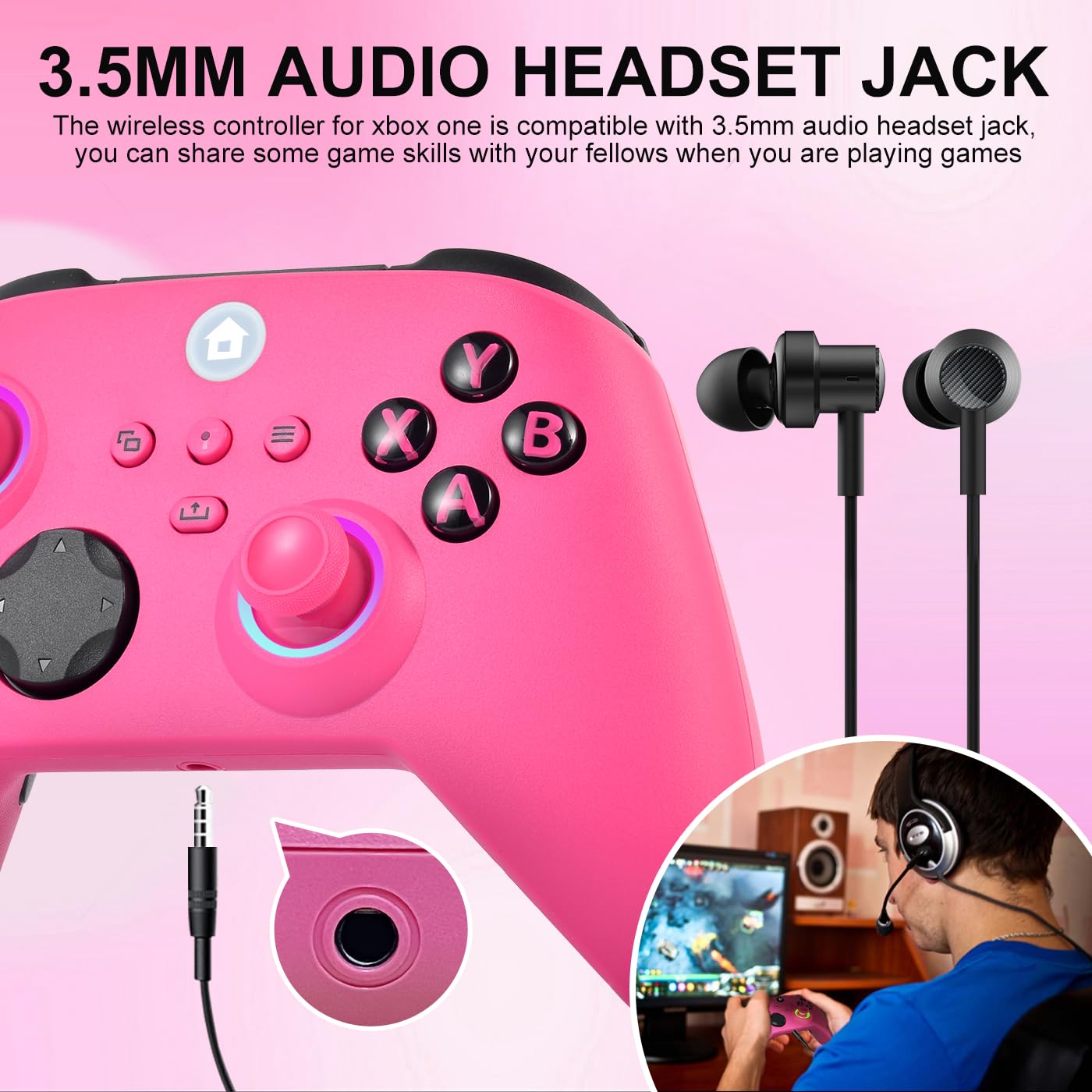 SWCTIM Xbox Controller Wireless für Xbox One, Xbox Series X/S, Xbox One X/S,2.4GHz RGB LED Licht Wireless Controller mit 3.5mm Kopfhörerbuchse,Rosa