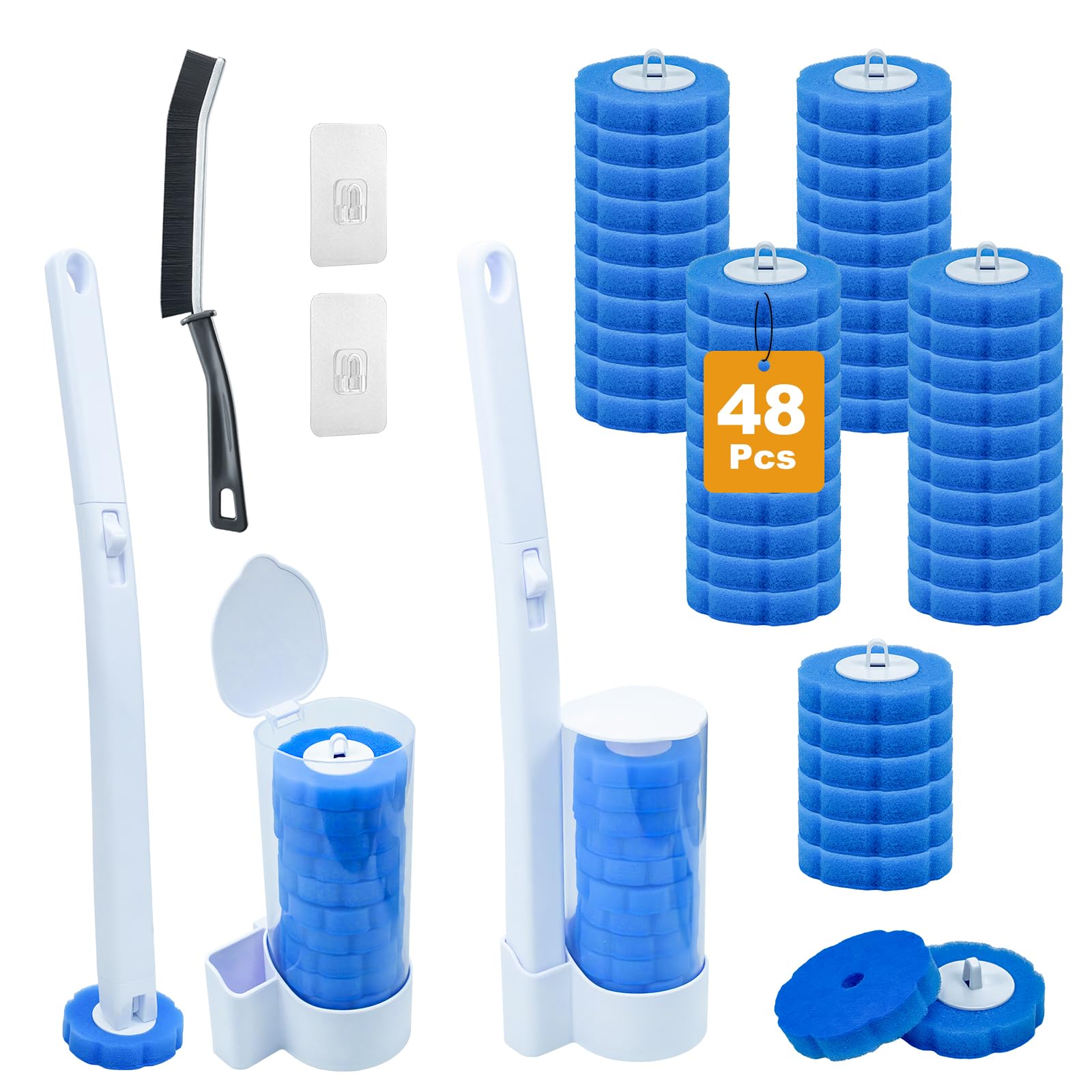 2 Pack Dispasable Toilet Brush and Holder Set, with 48 Toilet Brush Refills