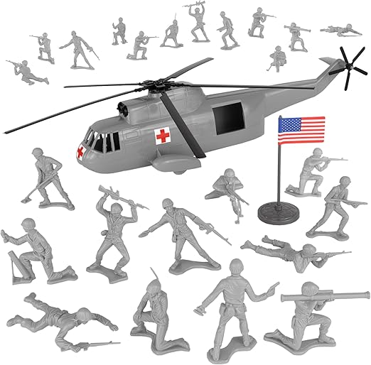 TimMee Plastic Army Men Helicopter Playset - Gray 26pc Made in USA