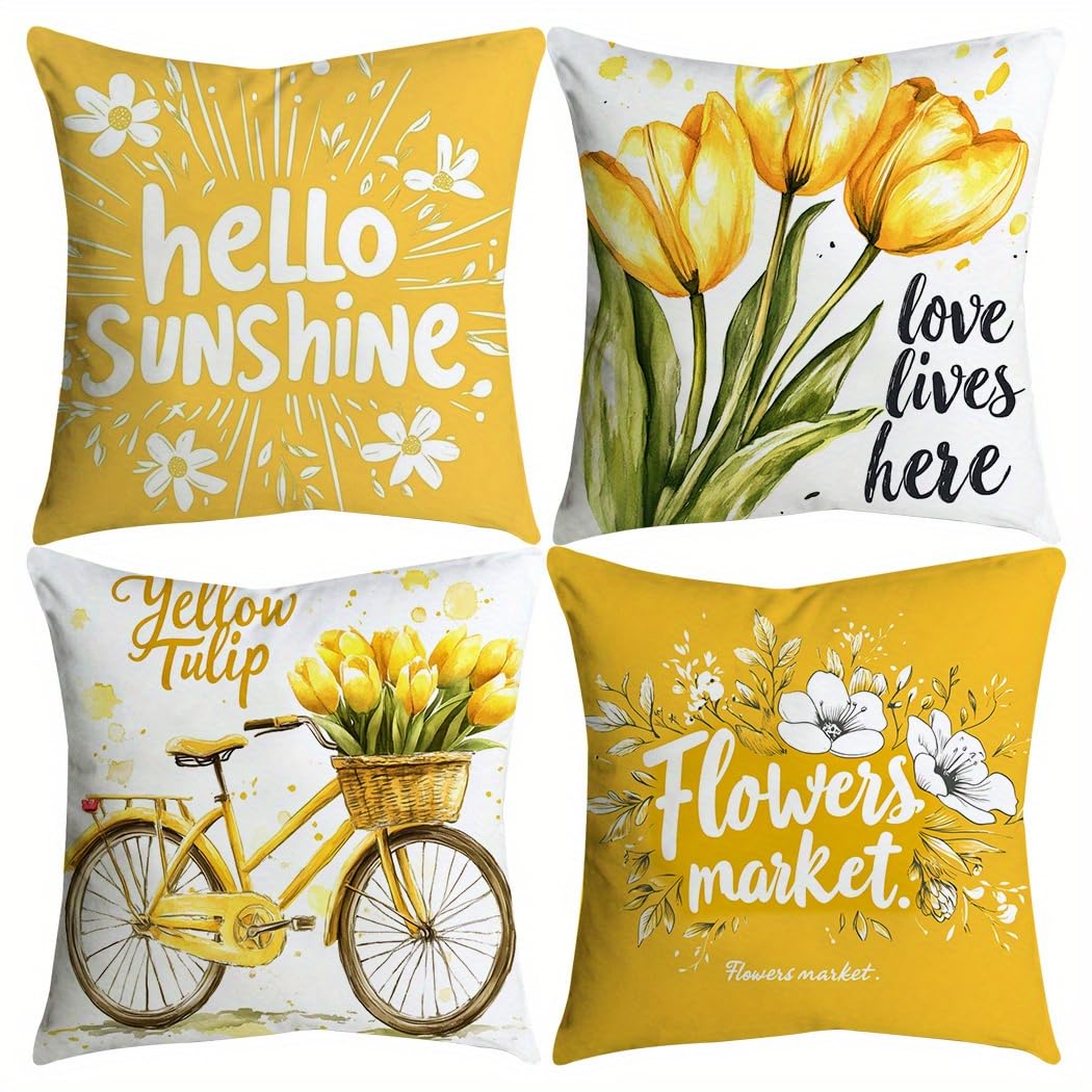 Gelbe Kissenbezüge 45x45 4er Set - Leinen Blumenmuster, Sofakissen Bezug Wohnzimmer
