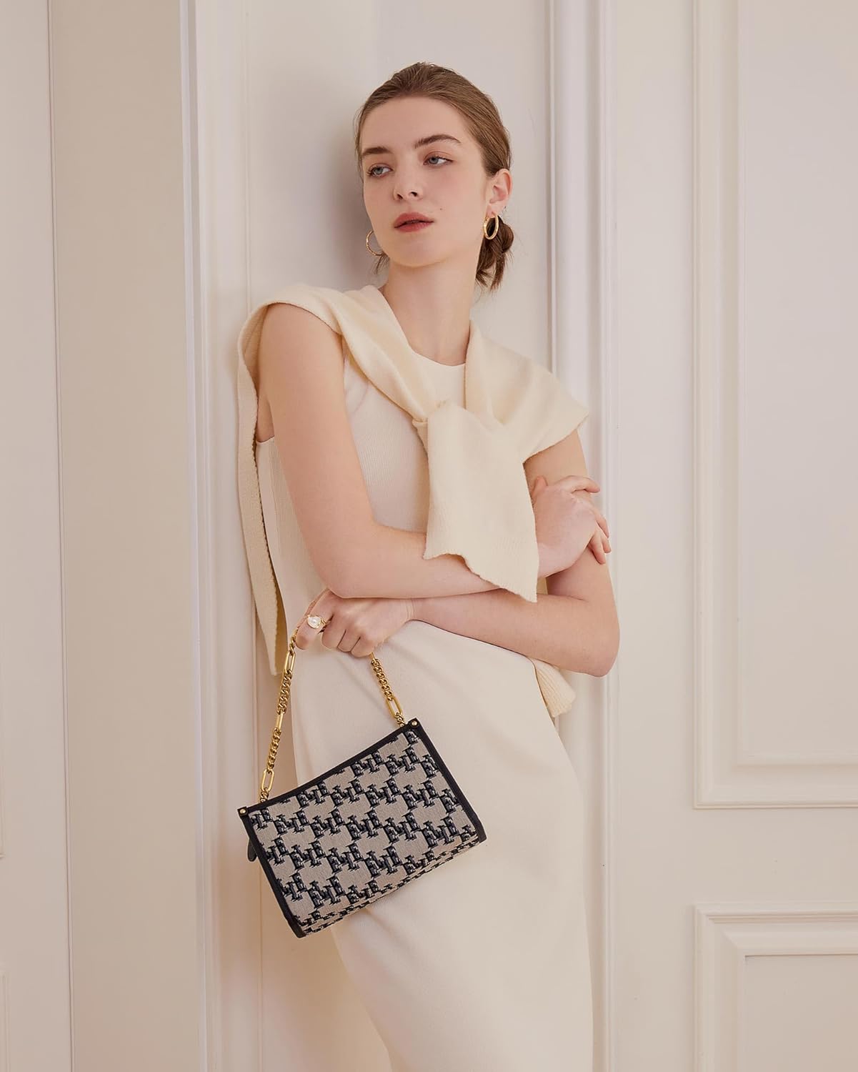 ELLE Women's Monogram Clutch Purse with Metal Chain Handle & Detachable Adjustable Strap - Image 2