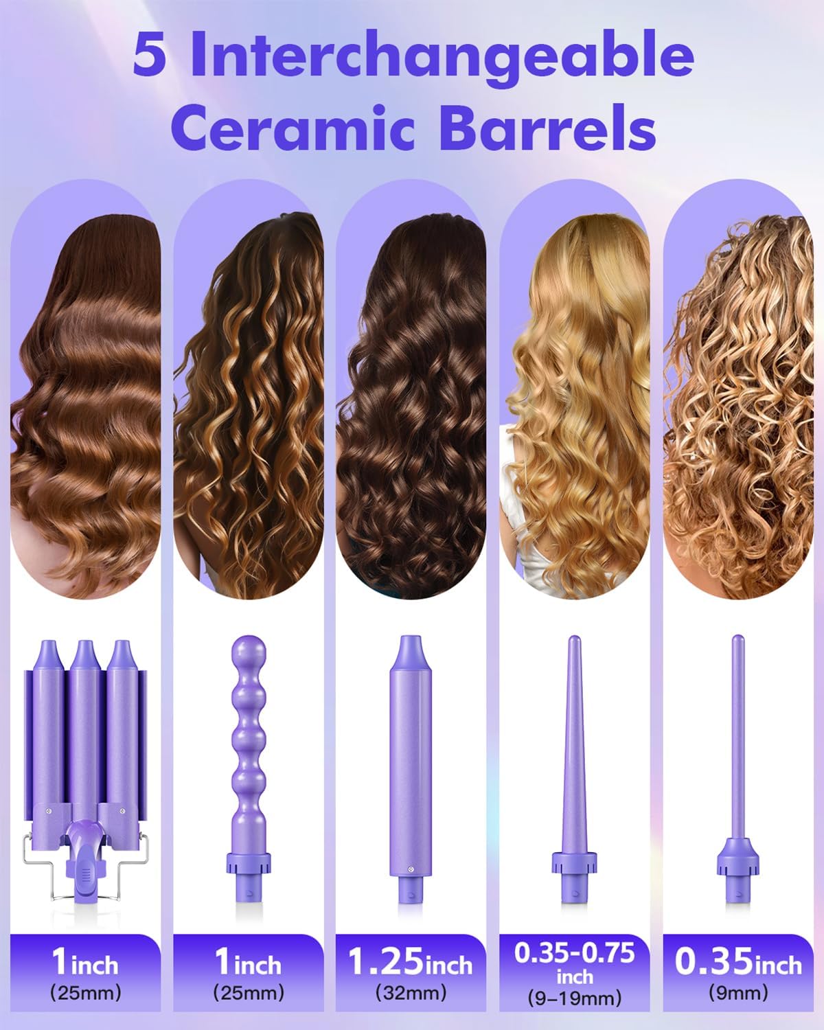 5 in 1 Curling Wand Set (0.35"-1.25") with 3 Barrel Hair Crimper, Bubble Curling Wand and 3 Ceramic Barrels, Curling Iron 1 inch Crimper Hair Tool Waver with Two Temp Control, Gifts for Women, Purple