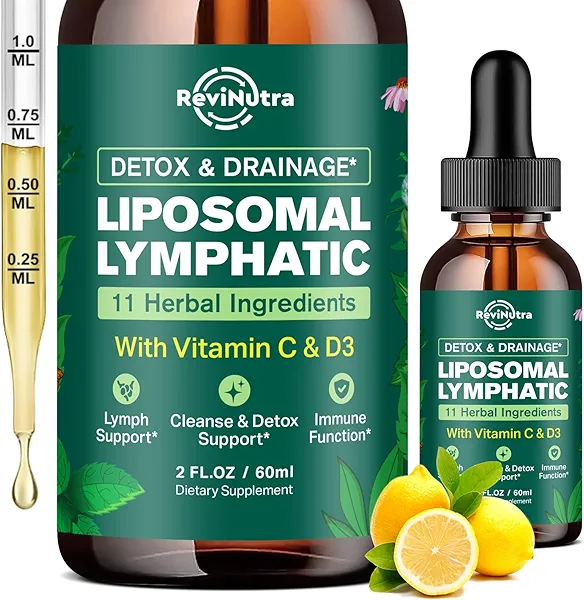 Liposomal Lymphatic Drainage Liquid Drops - Lymphatic Support Supplement with Dandelion Root, Cleavers, Echinacea, Calendula for Immune, Detox Cleanse, Lymph System Support, Lemon Flavor, 2 Fl Oz