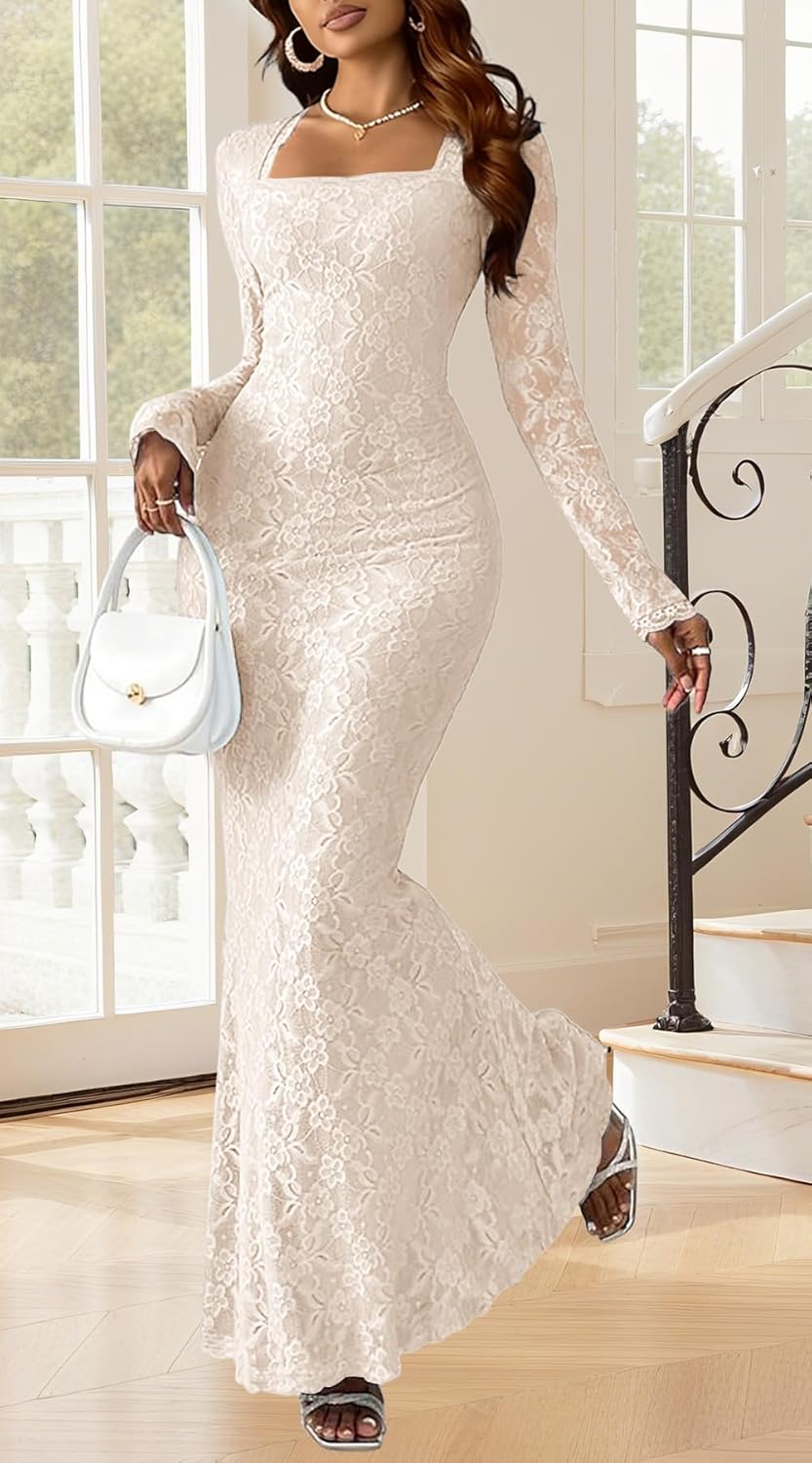 MITILLY Women Bodycon Maxi Dress Elegant Square Neck Long Sleeve Floral Lace Sexy Wedding Guest Cocktail Long Dresses New - Image 2
