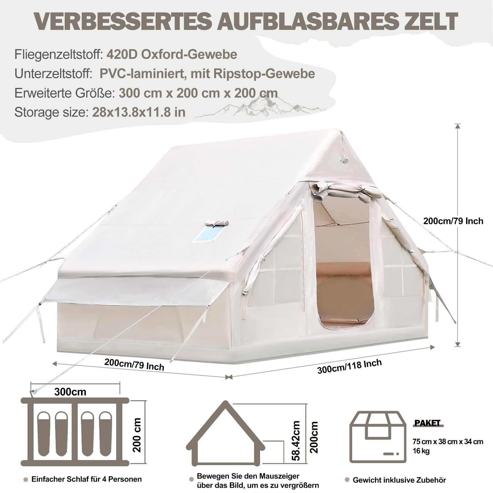 Tienda de campaña hinchable con bomba, 420D Oxford Glamping, tienda inflable para camping con chimenea y claraboya, 4 temporadas, ventana de malla, puertas para 4-6