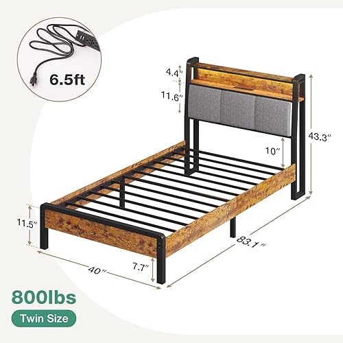 Miniatura 2 de Novilla Marco de cama individual para niños con estación de carga y luces LED, marco de cama de tamaño individual con estantes de almacenamiento,