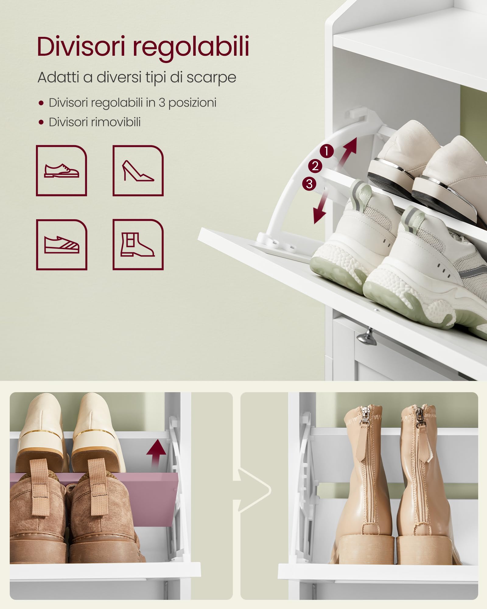 VASAGLE Scarpiera con 3 Scomparti a Ribalta, Scarpiera Salvaspazio, Divisori Regolabili, Portascarpe per fino a 12-20 Paia di Scarpe, Ingresso Corridoio, 24 x 60 x 121,2 cm, Bianco Nuvola LBC036WB01
