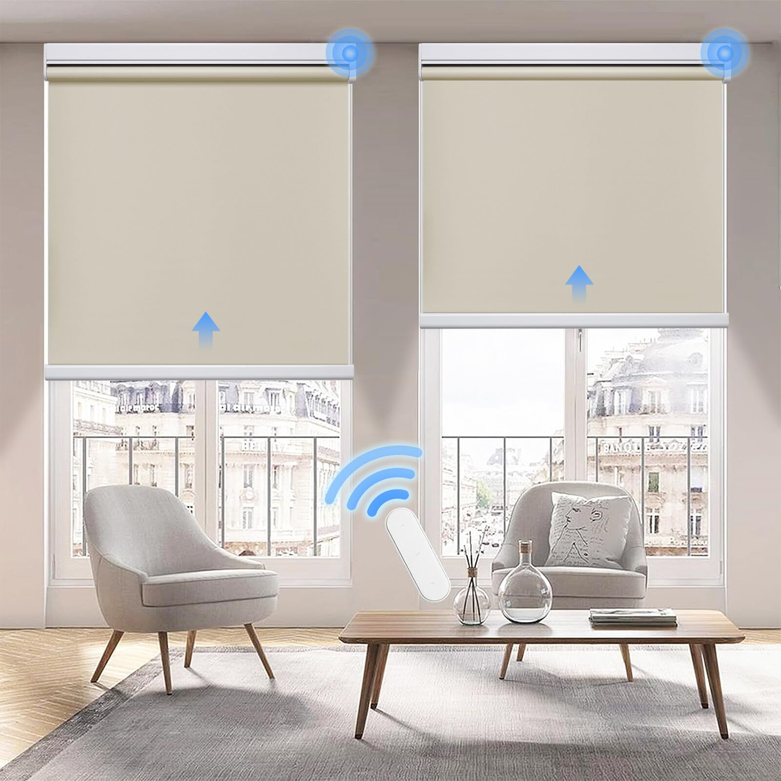 Grandekor Motorized Blinds with Remote Control, Blackout Roller Shade Electric Shades Cordless Smart Blinds for Bedroom Living Room Office,Cream,W31xH72