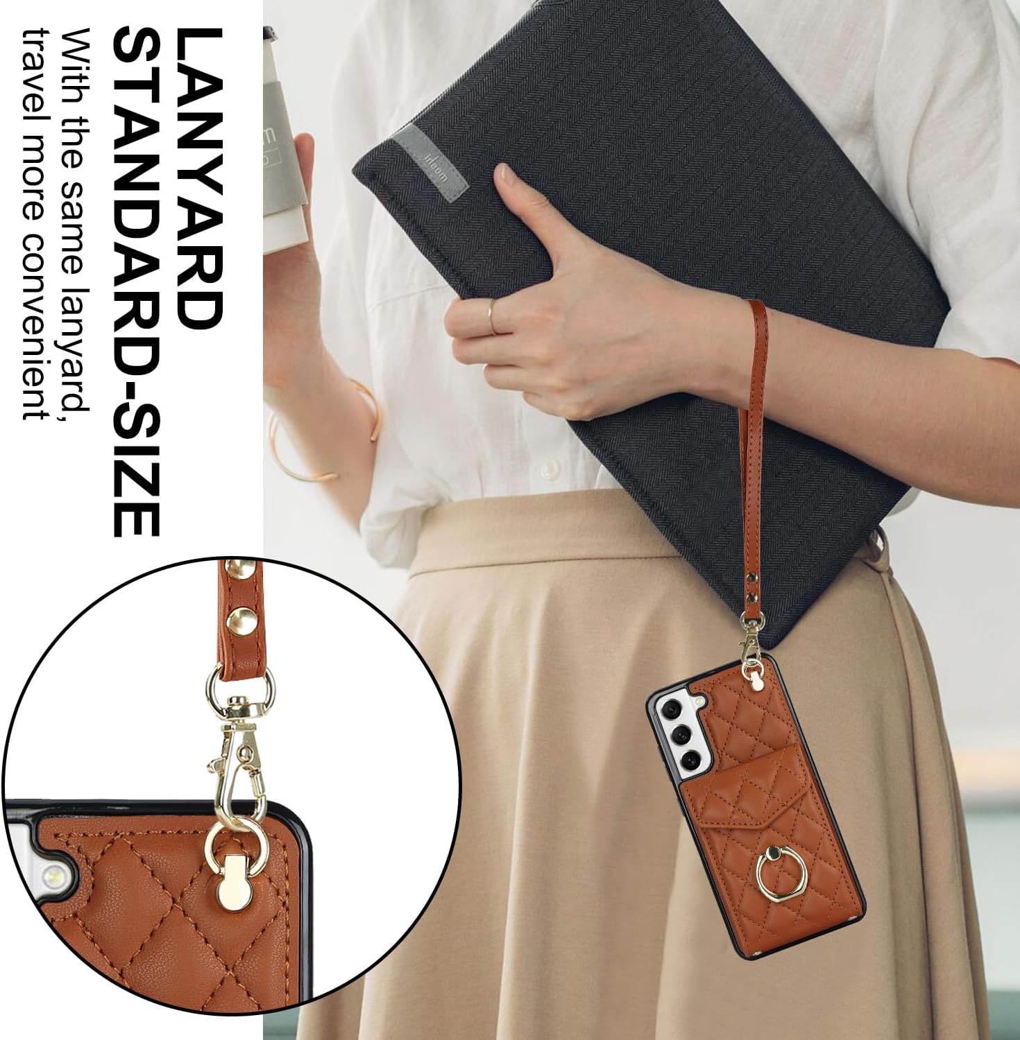 Phone Case for Samsung Galaxy S21 FE 5G Wallet Cover with Tempered Glass Screen Protector Wrist Strap Ring RFID Blocking Card Holder Cell S 21 EF S21FE5G UW S21FE 21S G5 6.4 inch Women Men Girls Brown