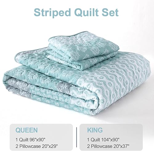 Miniatura 7 de Juego de edredón bohemio tamaño Queen azul bohemio juego de ropa de cama a rayas ligero colcha de retazos juego de ropa de cama de 96 x 90 pulgadas