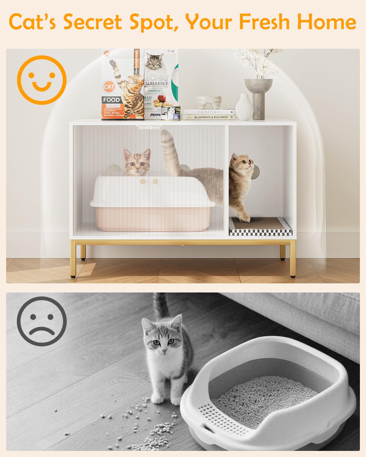 Cat Litter Box Enclosure, Modern Hidden Litter Box Furniture with Scratching Pad, Wooden Cat House Cabinet with Gold Metal Legs, Fit Most of Litter Box,White and Gold - image 7