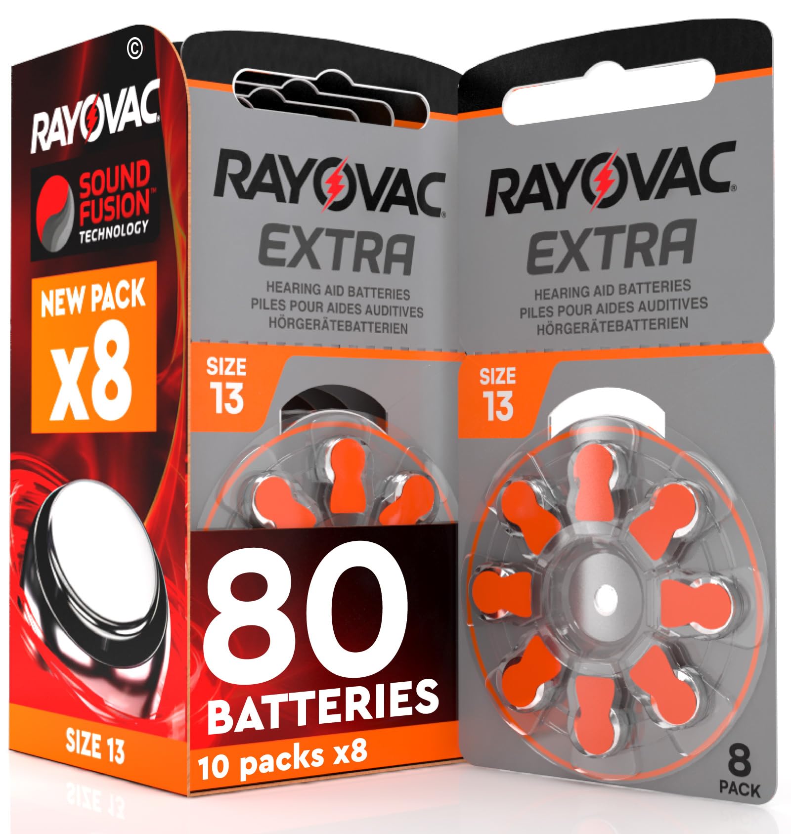 80 Hearing Aid Batteries 13. Rayovac Extra 10x8 Pack PR48 Orange