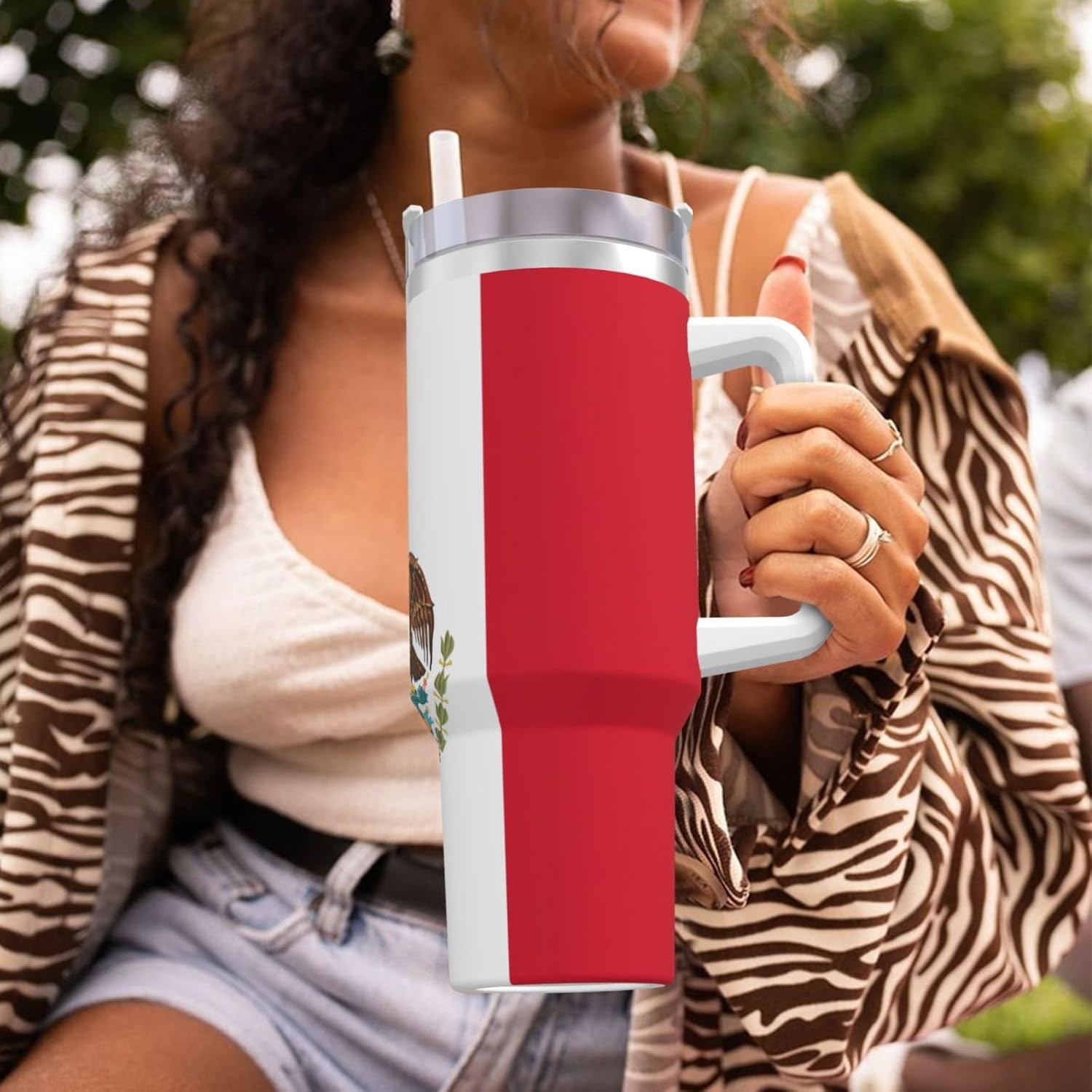 40 OZ Flag of Mexico Print Ice Bully Cup with Handle Straw Lid Straw,Stainless Steel Tumbler Coffee Cup