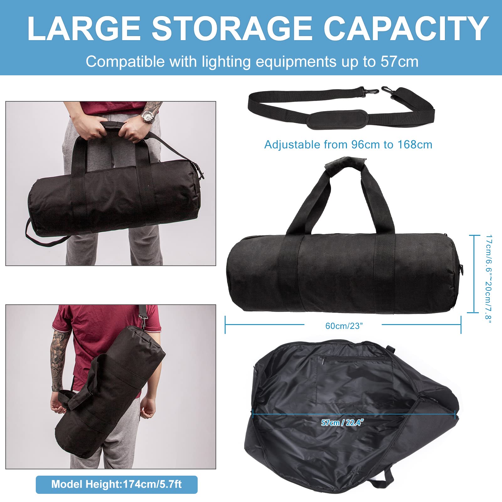 Sac Trépied Rembourré en Oxford Sac de Transport avec Bandoulière pour Équipement de Studio Photographie Support de Lumière 60x20cm