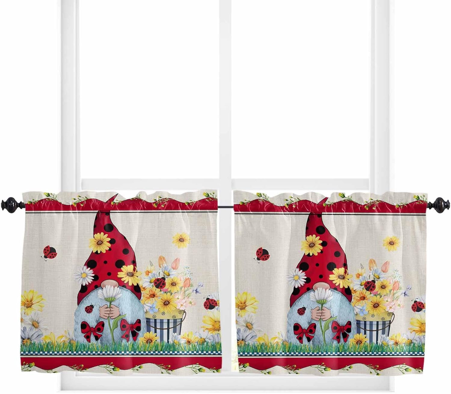 Ladybug Gnomes Tier Curtains 36 Inches Long, Farm Summer Daisy Floral Rod Pocket Window Curtains Panels for Bedroom/Bathroom/Nursery, Small Short Half Curtains Drapes for Cafe 55''x36''
