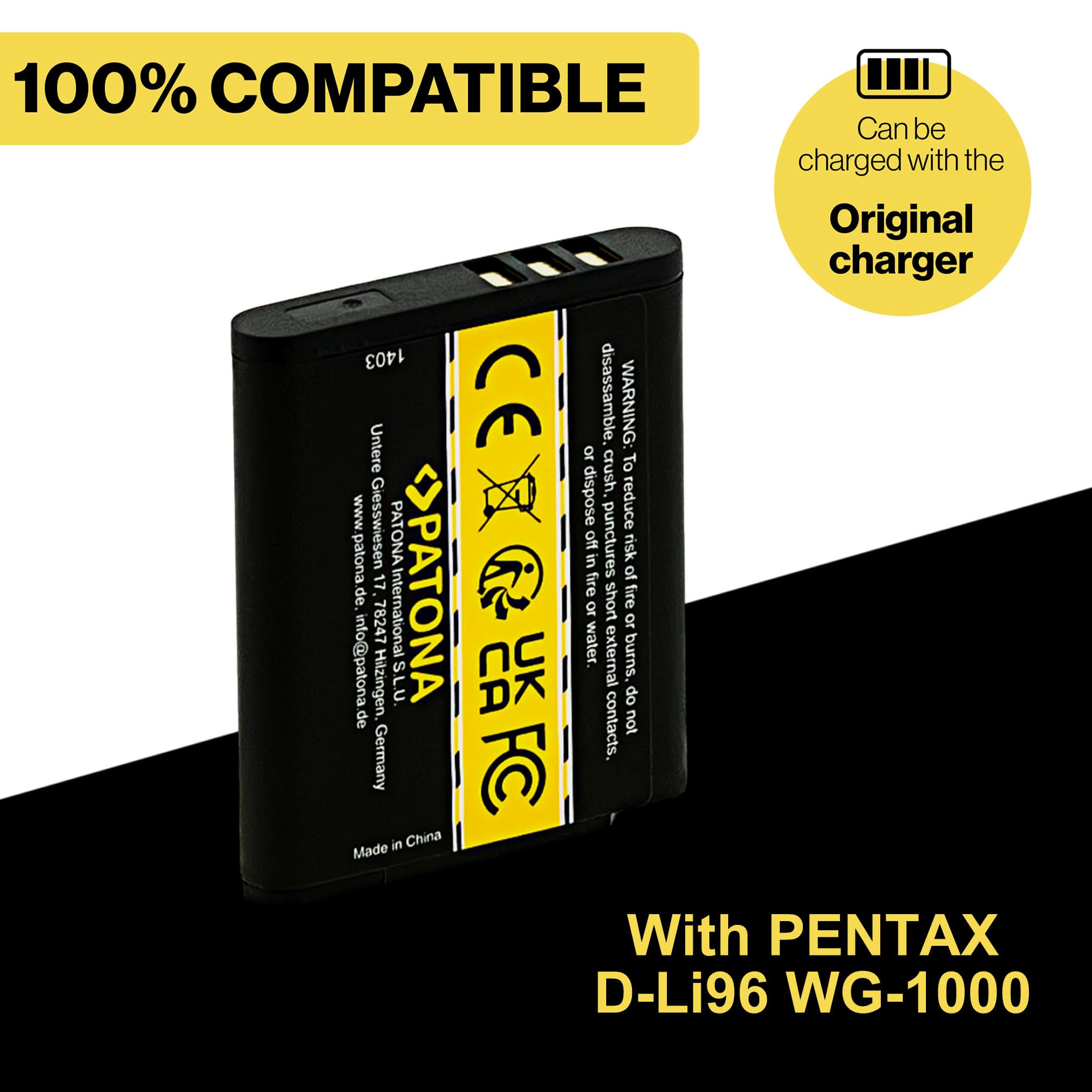 PATONA Batterie D-Li96 890mAh Pour Pentax WG-1000 - Remplacement Fiable Et Puissant