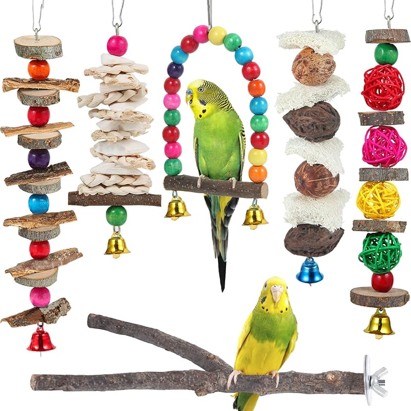Brinquedos e Poleiros de Madeira para Aves BBjinronjy, Kit com 6 Unidades