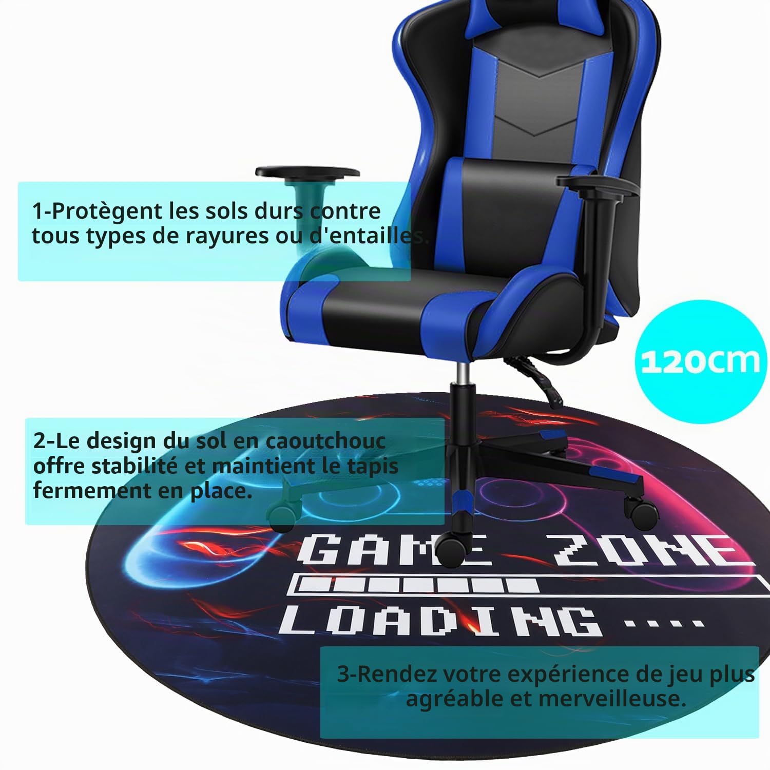 Capslpad Tapis de chaise pour sol en bois dur antidérapant - Protection du sol - Manette de jeu - Tapis de chaise pour salle de jeux, maison et bureau (rond 120 cm, noir)