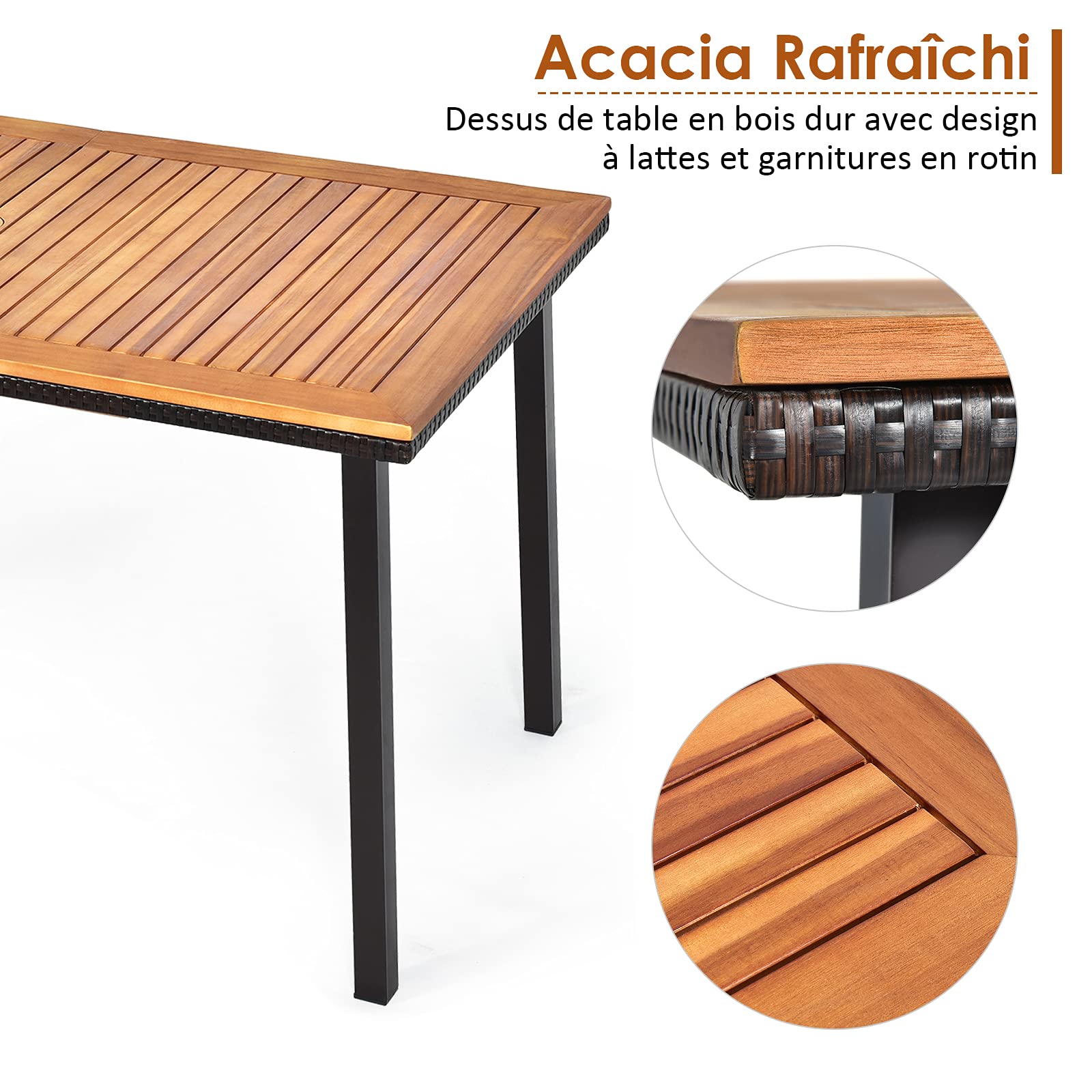LIFEZEAL Table à Manger en Bois d'Acacia avec Trou de Parasol