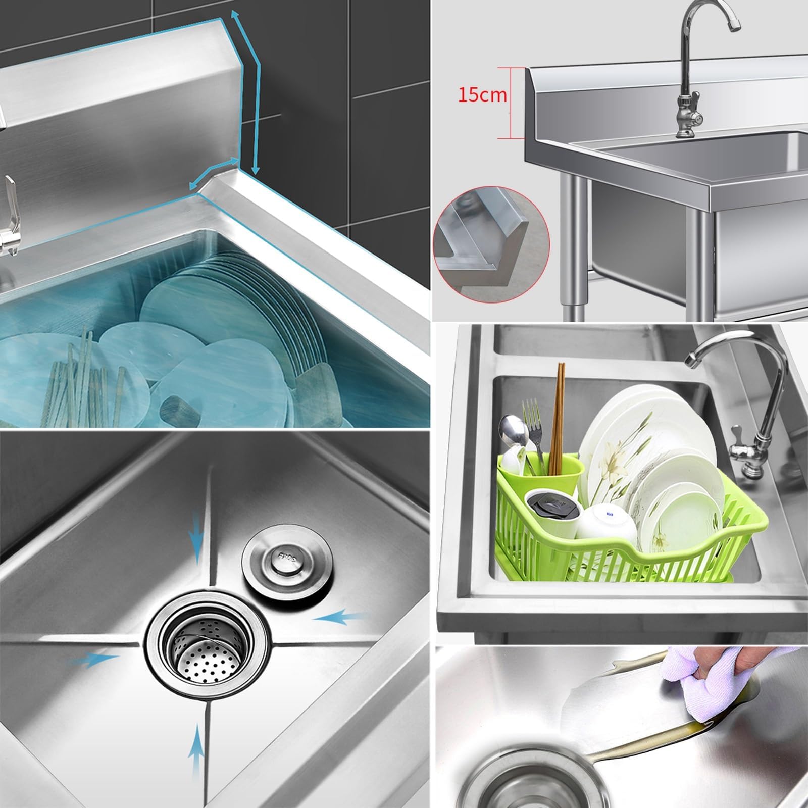 Évier autoportant triple évier commercial en acier inoxydable avec pieds réglables et dosseret surélevé pour lave-vaisselle de restaurant et usage domestique
